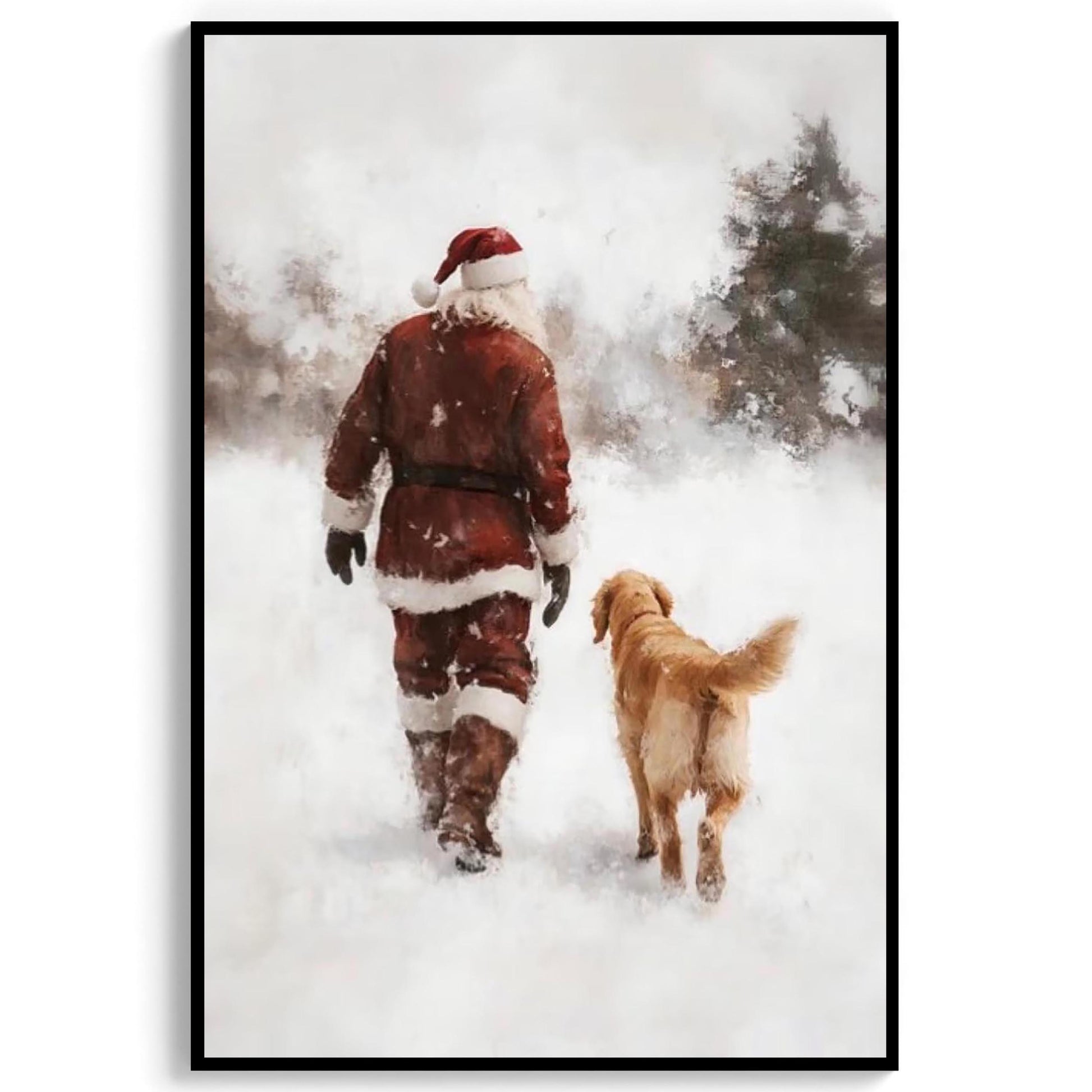 Vintage Santa and Golden Retriever Winter Forest Wall Art, Snowy Christmas Oil Painting Print, Cozy Holiday