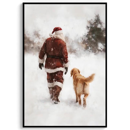 Vintage Santa and Golden Retriever Winter Forest Wall Art, Snowy Christmas Oil Painting Print, Cozy Holiday