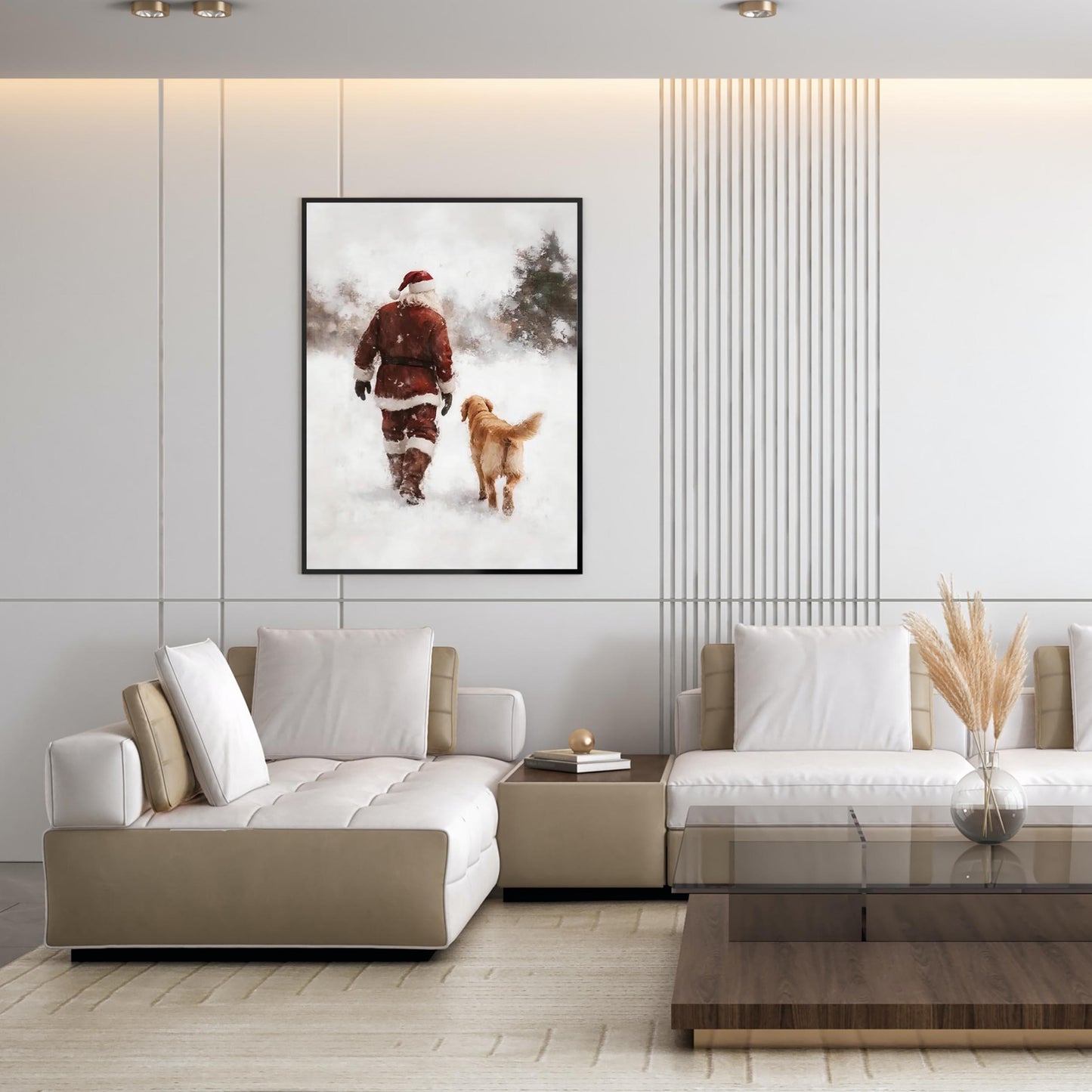 Vintage Santa and Golden Retriever Winter Forest Wall Art, Snowy Christmas Oil Painting Print, Cozy Holiday