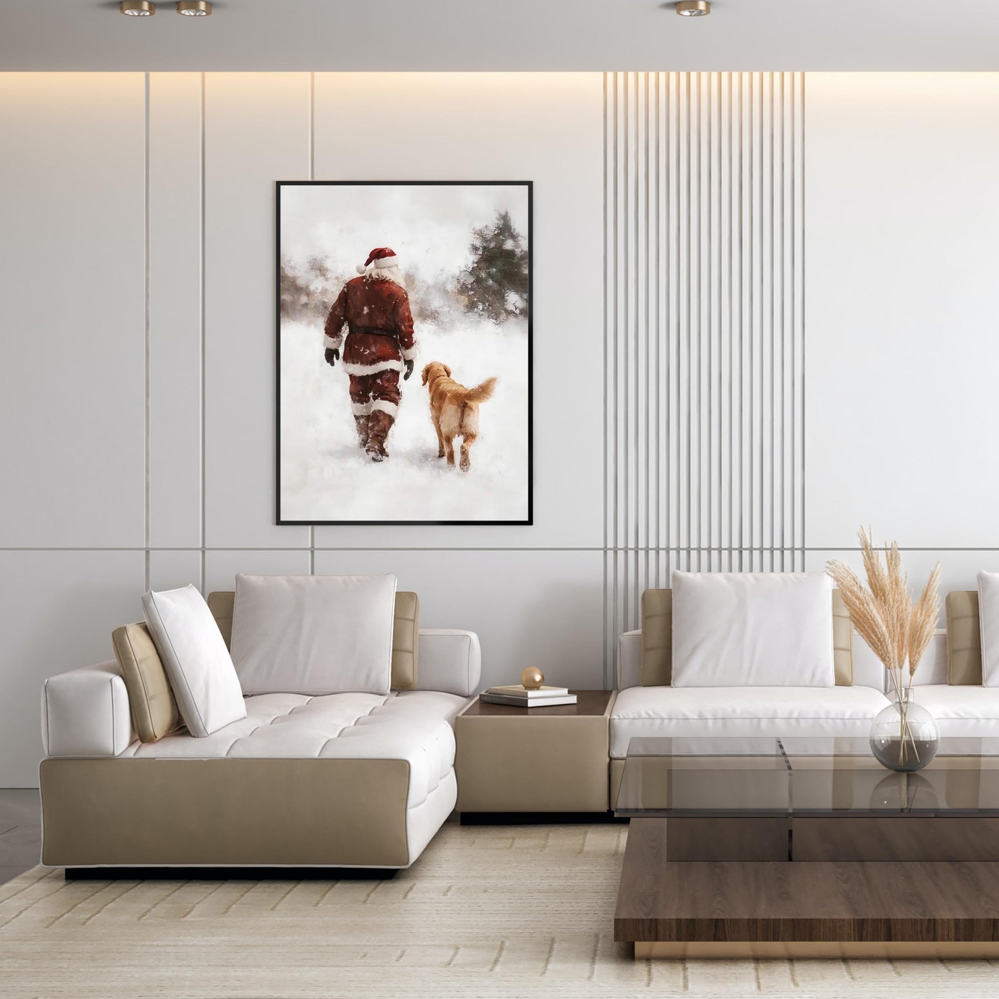 Vintage Santa and Golden Retriever Winter Forest Wall Art, Snowy Christmas Oil Painting Print, Cozy Holiday