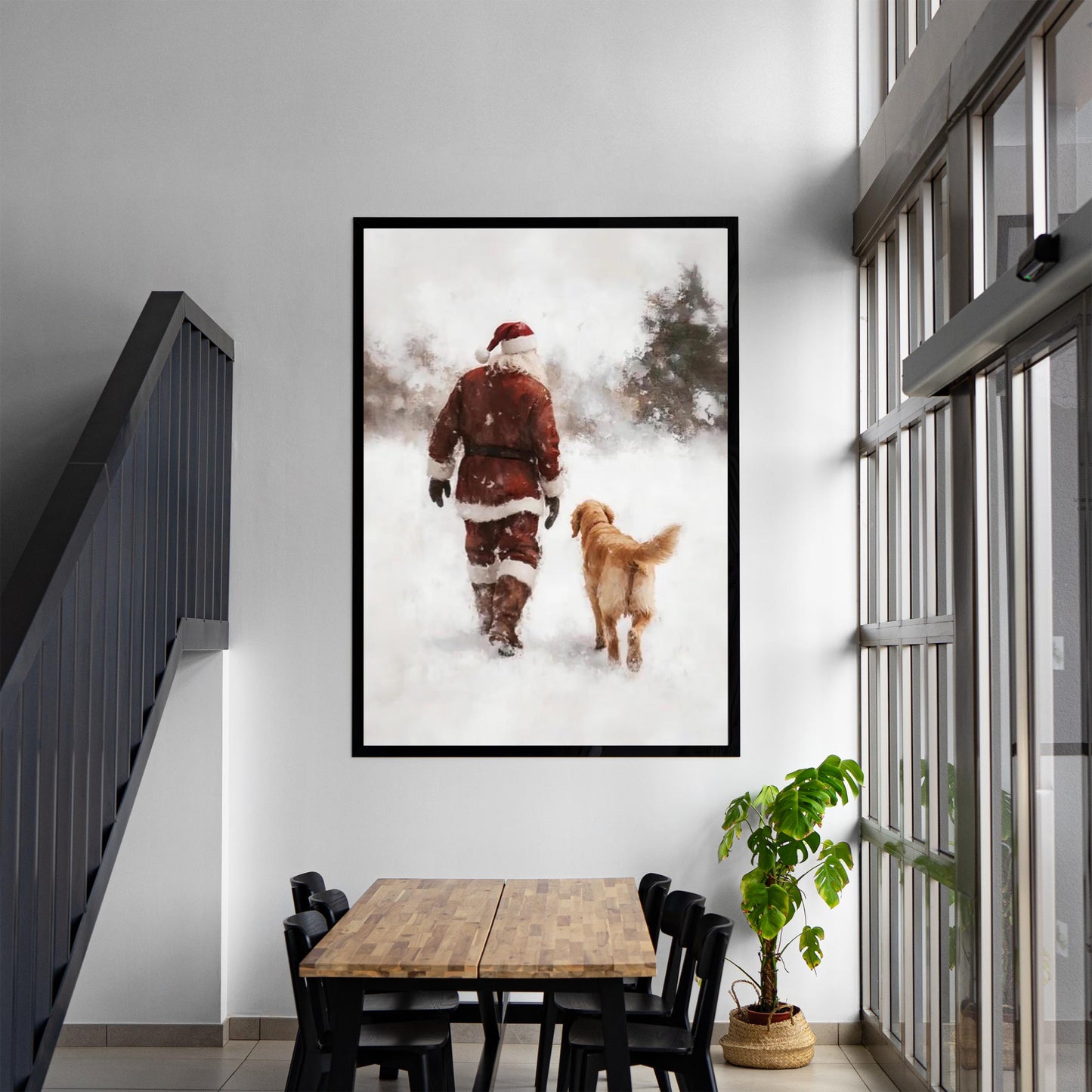 Vintage Santa and Golden Retriever Winter Forest Wall Art, Snowy Christmas Oil Painting Print, Cozy Holiday