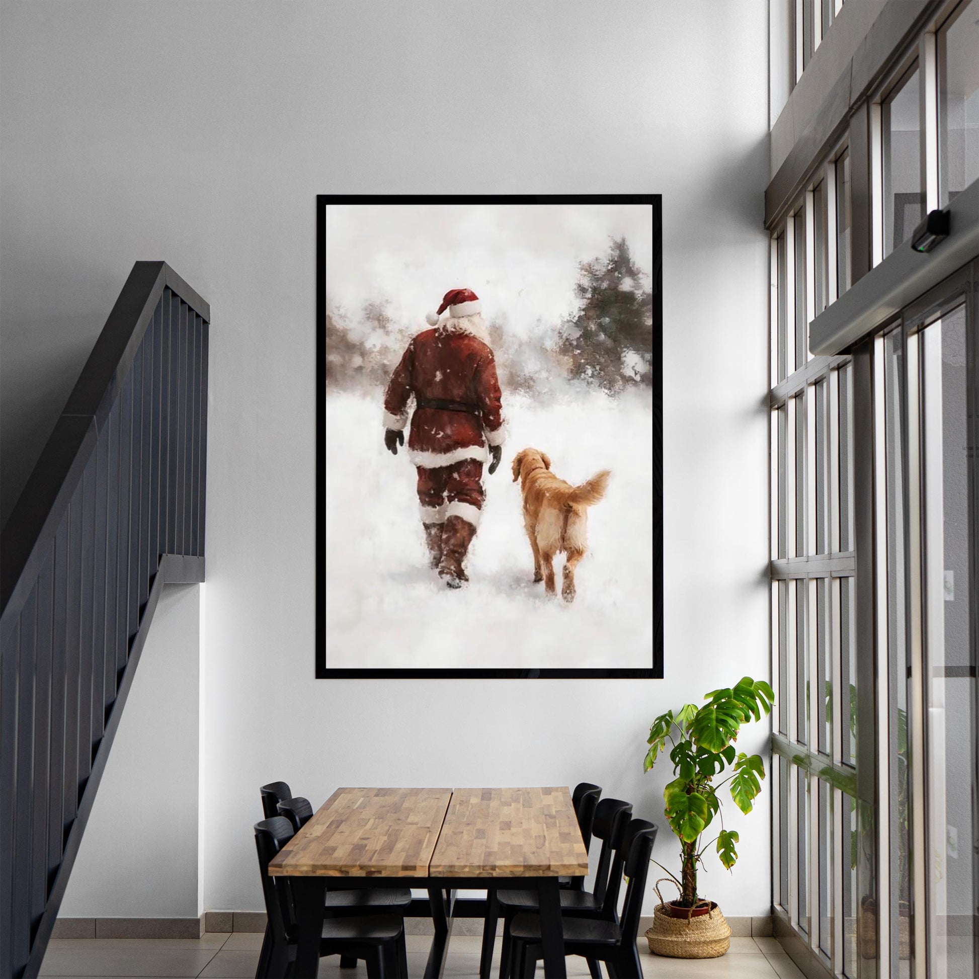Vintage Santa and Golden Retriever Winter Forest Wall Art, Snowy Christmas Oil Painting Print, Cozy Holiday