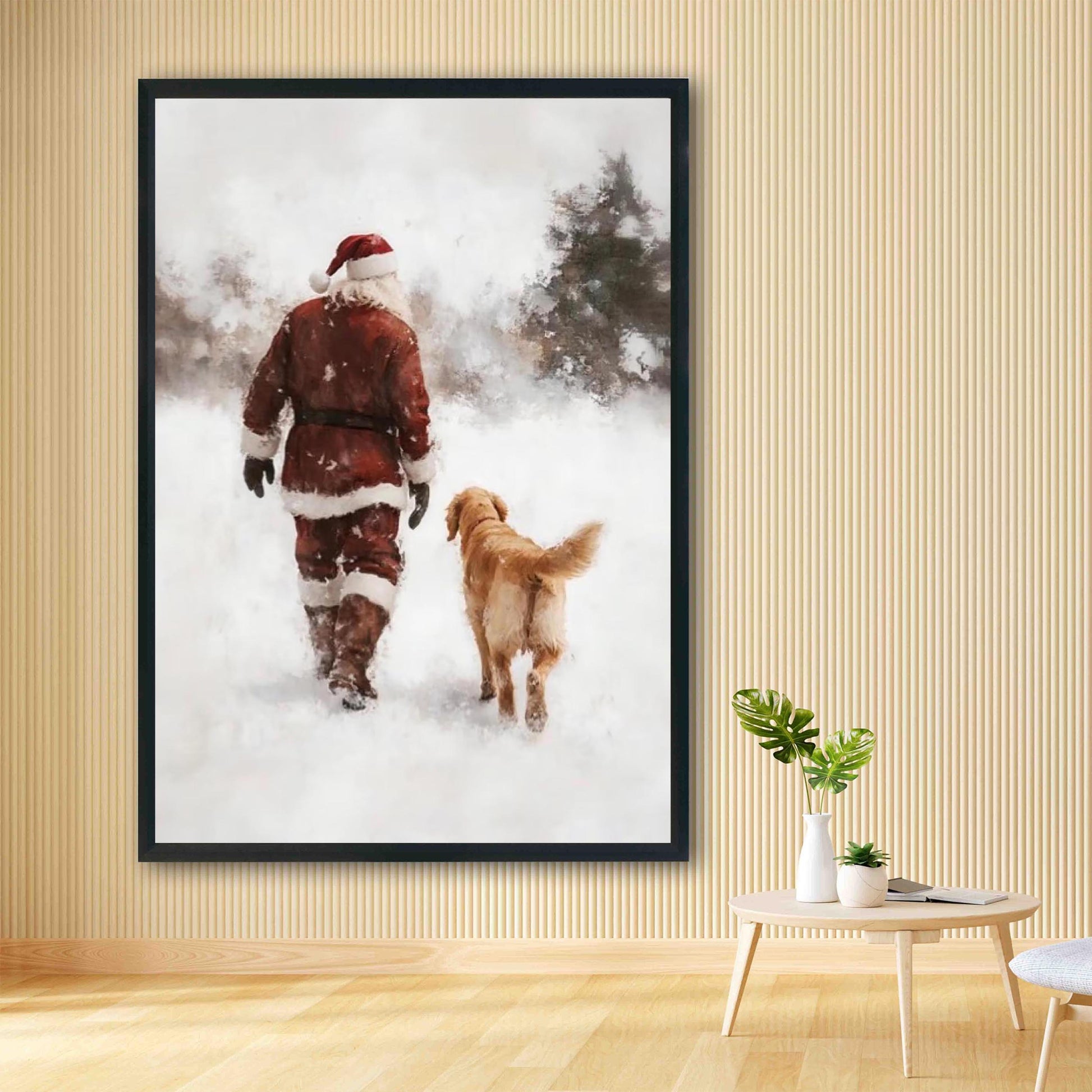 Vintage Santa and Golden Retriever Winter Forest Wall Art, Snowy Christmas Oil Painting Print, Cozy Holiday