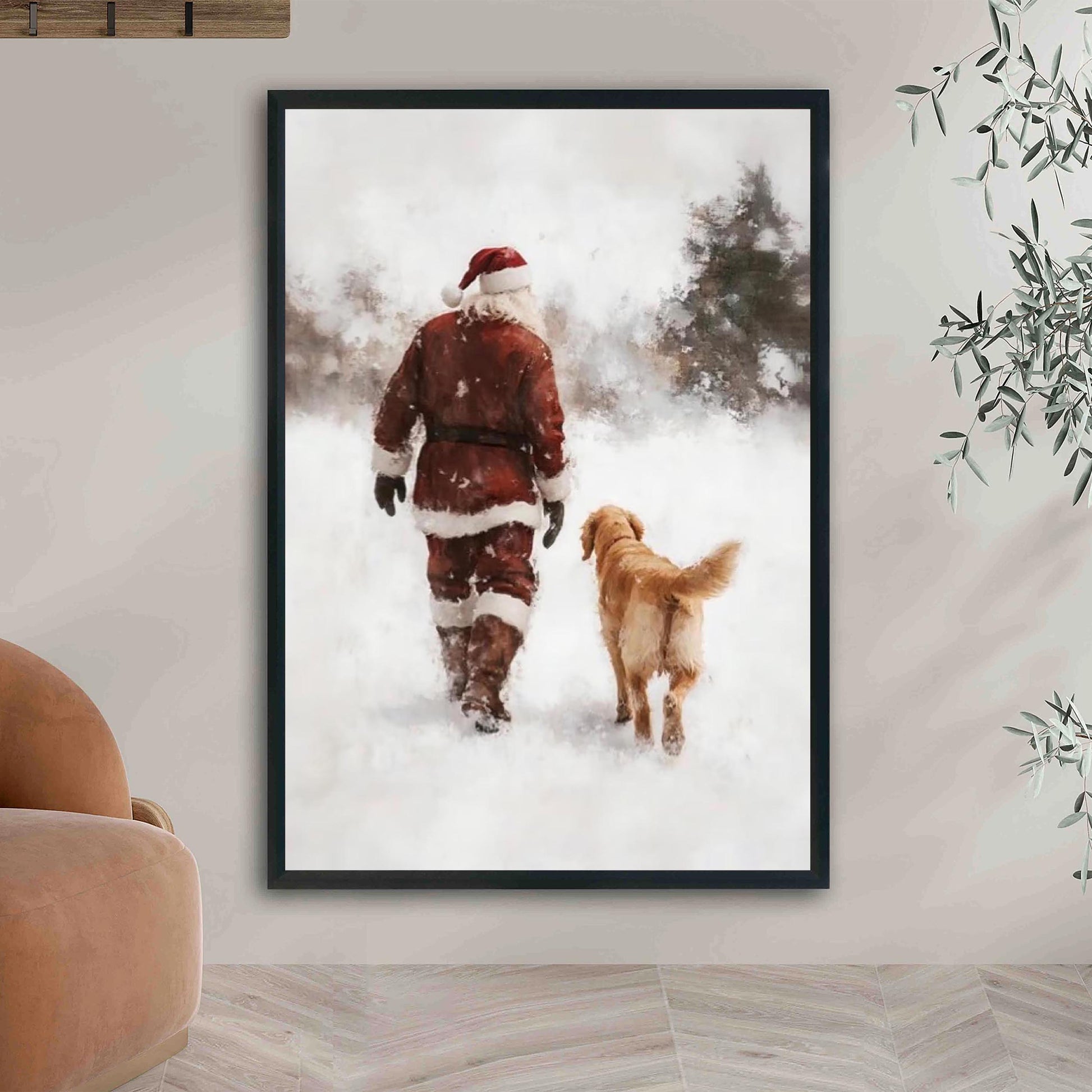 Vintage Santa and Golden Retriever Winter Forest Wall Art, Snowy Christmas Oil Painting Print, Cozy Holiday