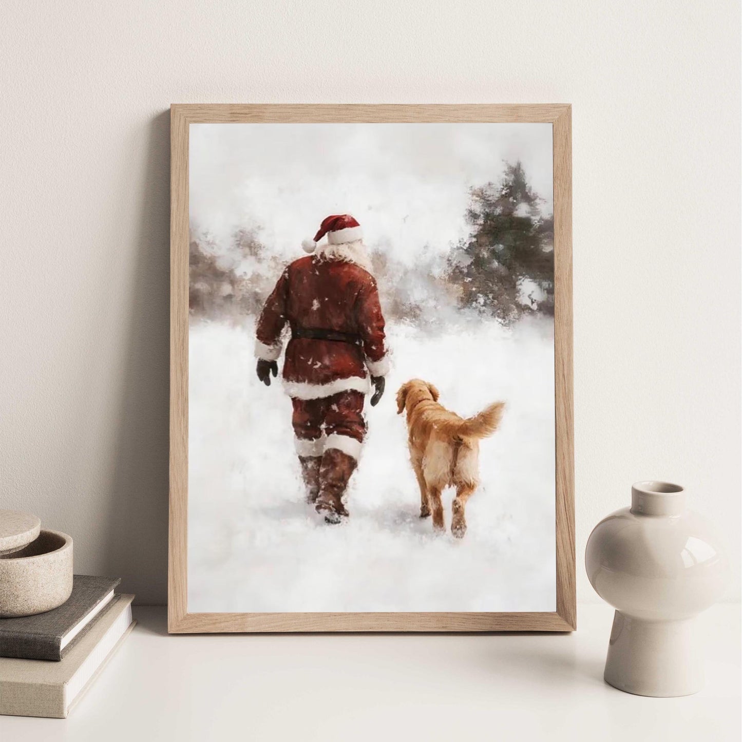 Vintage Santa and Golden Retriever Winter Forest Wall Art, Snowy Christmas Oil Painting Print, Cozy Holiday