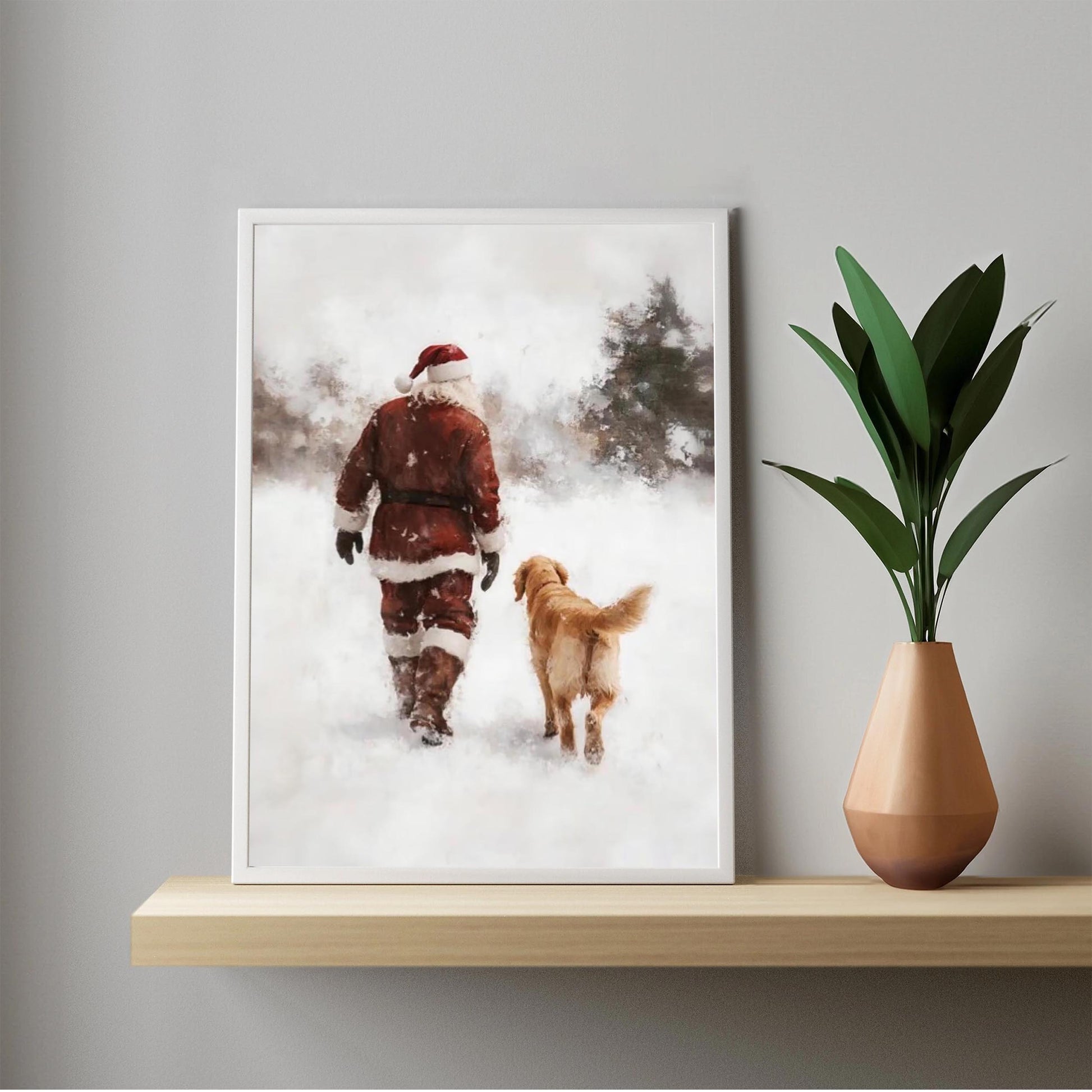 Vintage Santa and Golden Retriever Winter Forest Wall Art, Snowy Christmas Oil Painting Print, Cozy Holiday