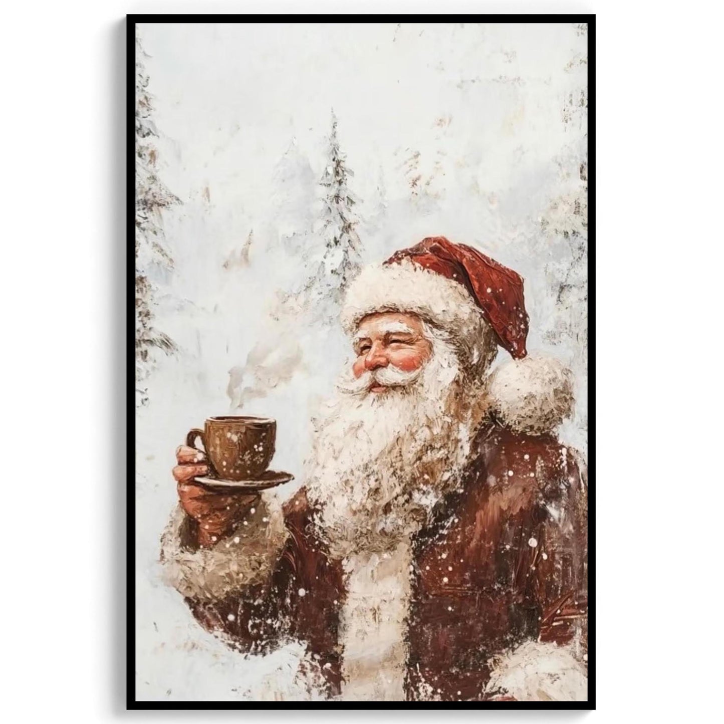 Vintage Santa having Coffee Wall Art Print with Snow Covered Forest Theme, White Christmas Winter Landscape,