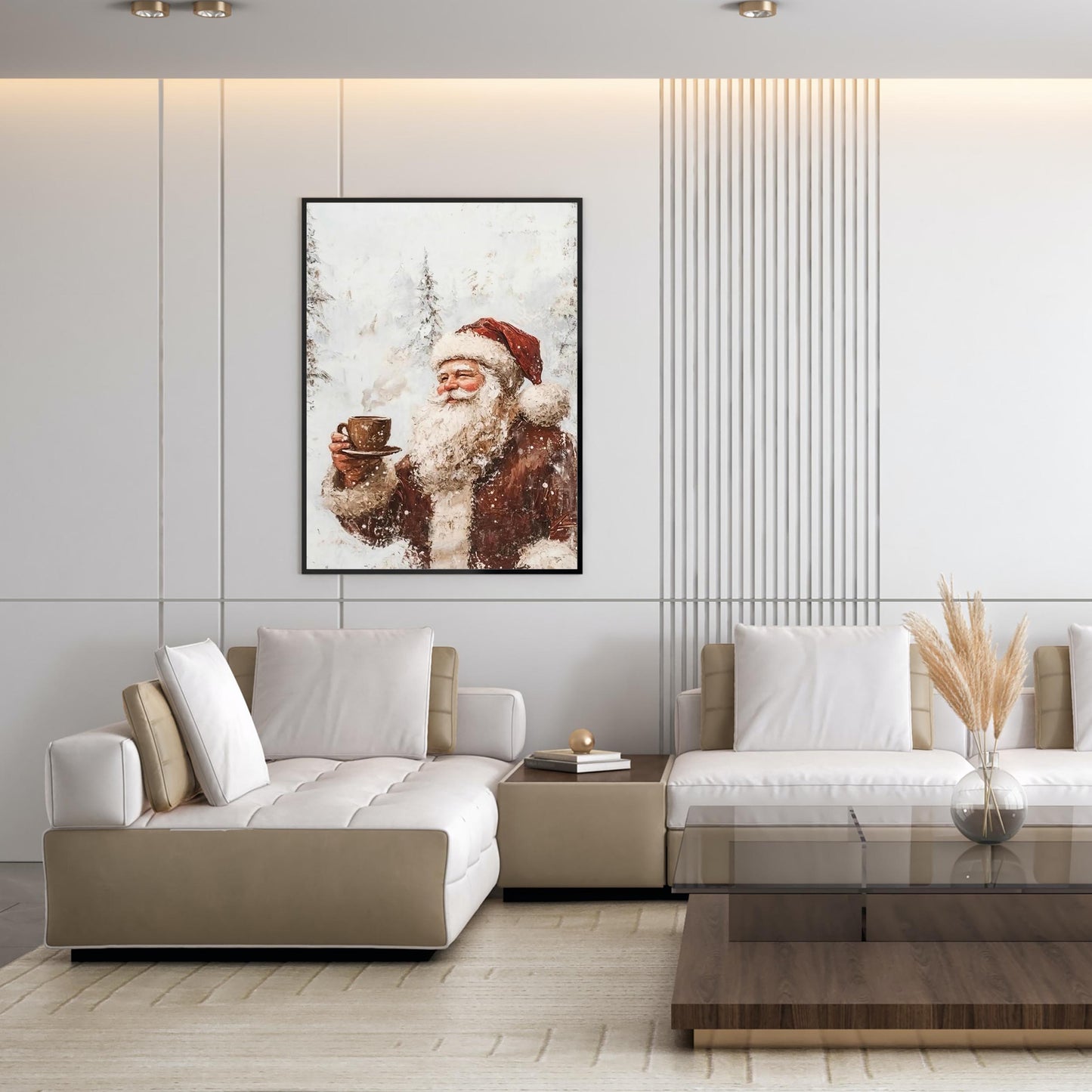 Vintage Santa having Coffee Wall Art Print with Snow Covered Forest Theme, White Christmas Winter Landscape,