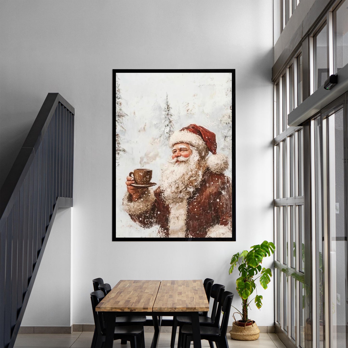 Vintage Santa having Coffee Wall Art Print with Snow Covered Forest Theme, White Christmas Winter Landscape,