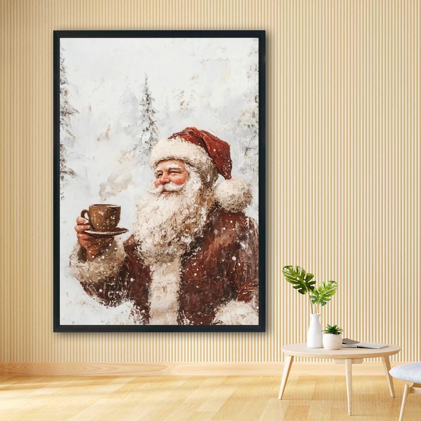 Vintage Santa having Coffee Wall Art Print with Snow Covered Forest Theme, White Christmas Winter Landscape,
