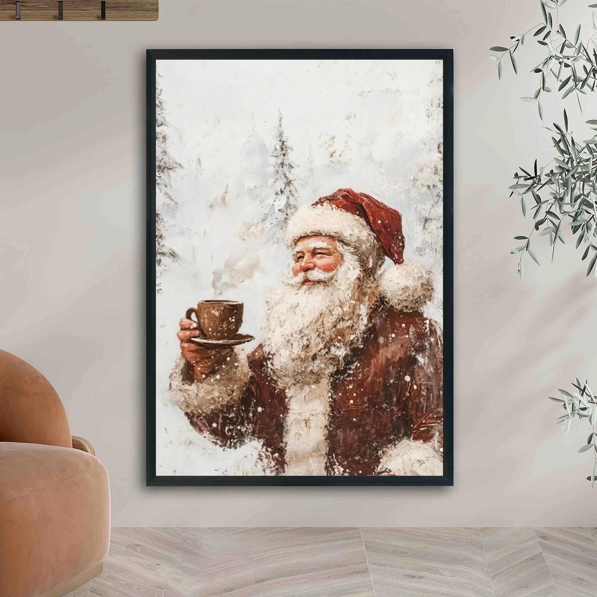 Vintage Santa having Coffee Wall Art Print with Snow Covered Forest Theme, White Christmas Winter Landscape,