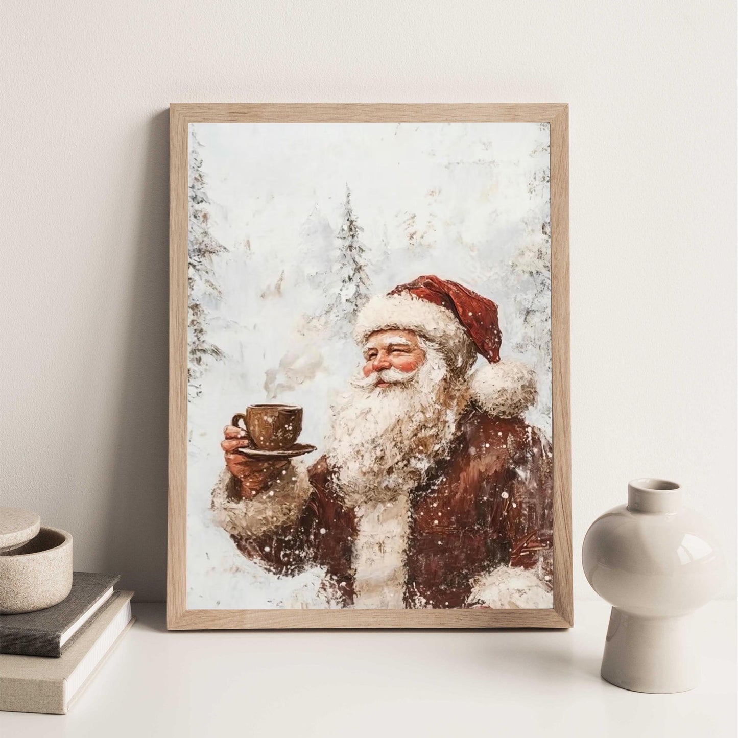 Vintage Santa having Coffee Wall Art Print with Snow Covered Forest Theme, White Christmas Winter Landscape,