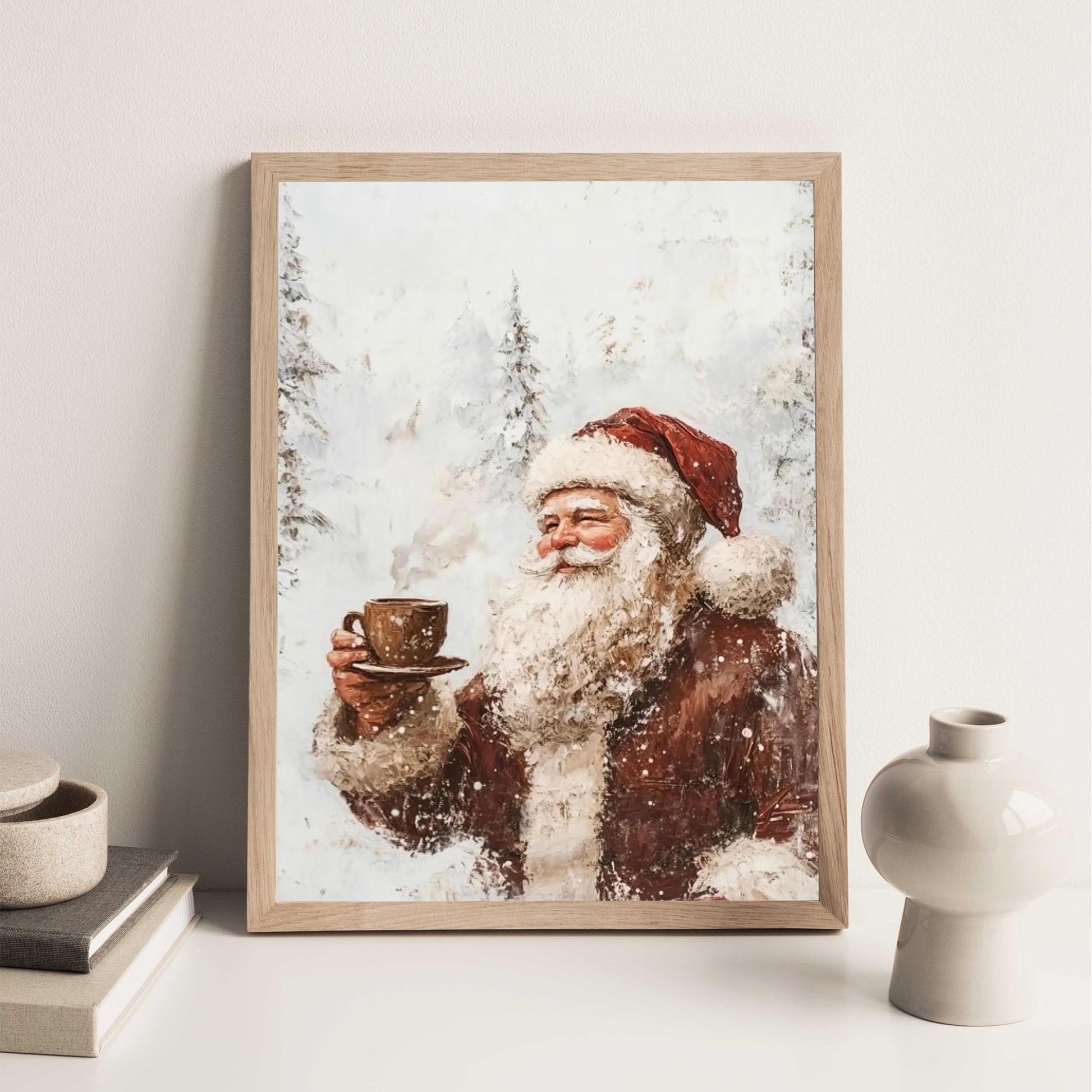 Vintage Santa having Coffee Wall Art Print with Snow Covered Forest Theme, White Christmas Winter Landscape,