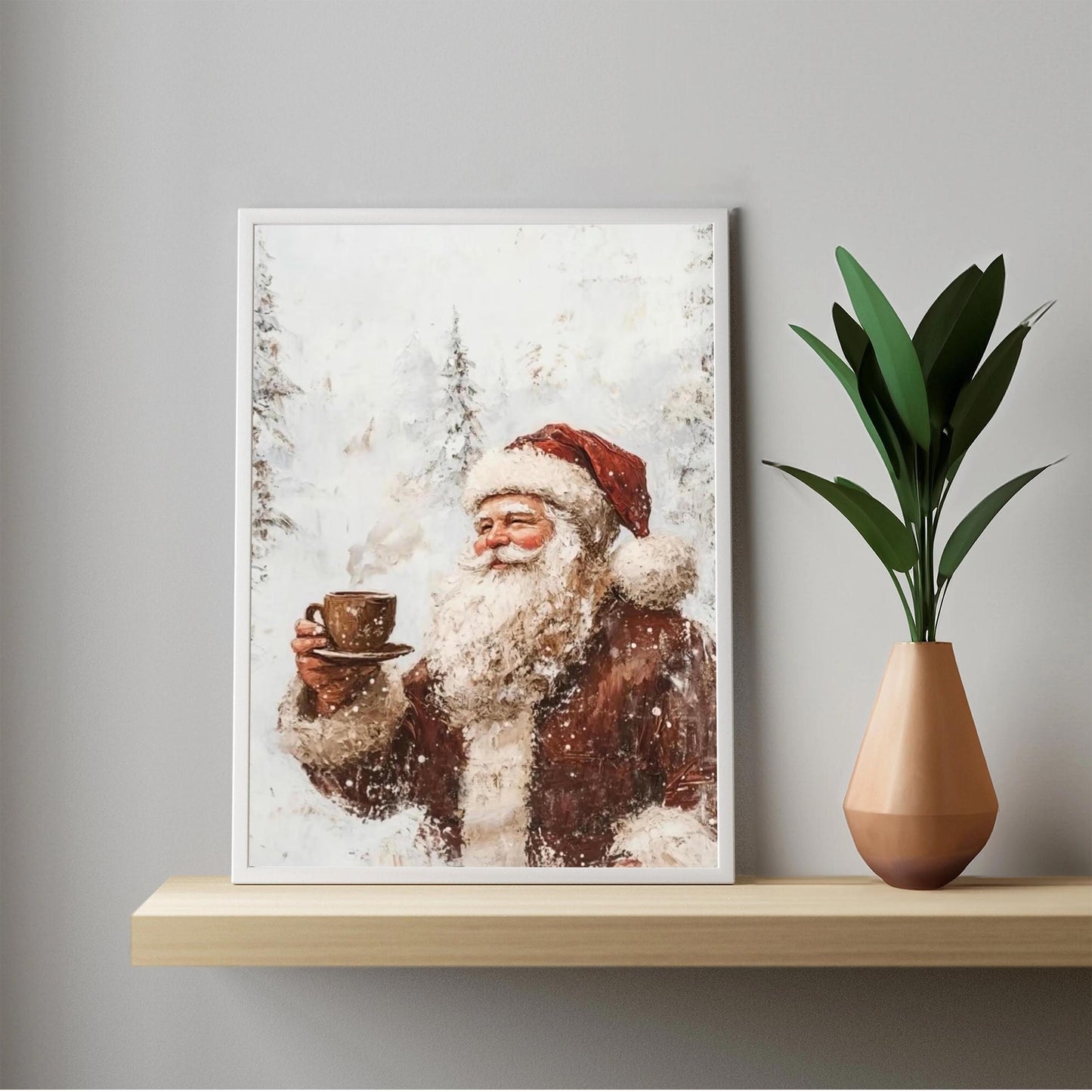 Vintage Santa having Coffee Wall Art Print with Snow Covered Forest Theme, White Christmas Winter Landscape,