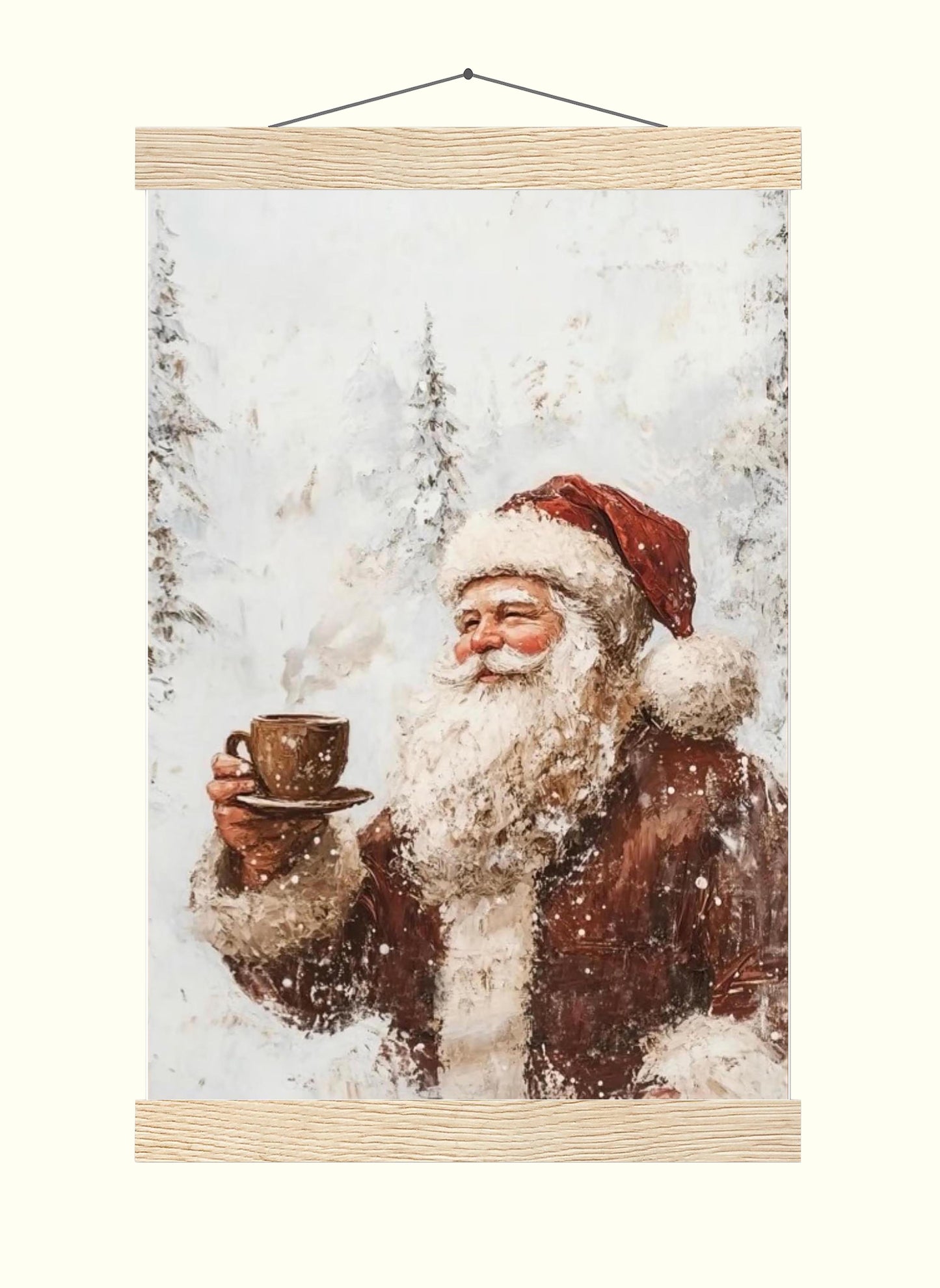 Vintage Santa having Coffee Wall Art Print with Snow Covered Forest Theme, White Christmas Winter Landscape,