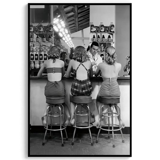 Vintage Women At Bar Print Retro Ladies Cocktail Wall Art, Bar Cart Poster - Black And White Decor
