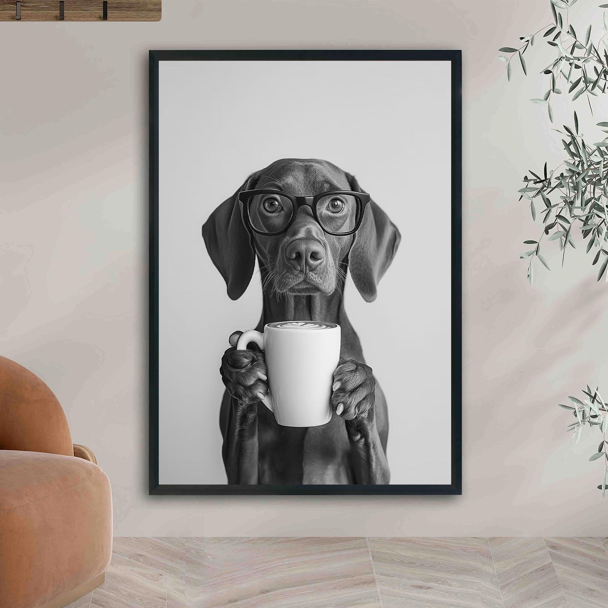 Vizsla Coffee Print Coffee Bar Decor, Funny Dog Poster, Kitchen Wall Art - Black and White Print