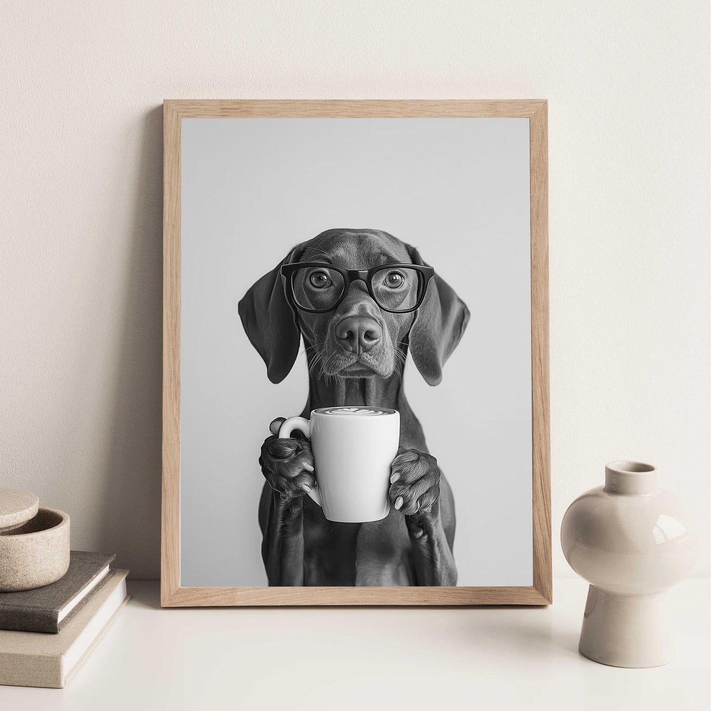 Vizsla Coffee Print Coffee Bar Decor, Funny Dog Poster, Kitchen Wall Art - Black and White Print