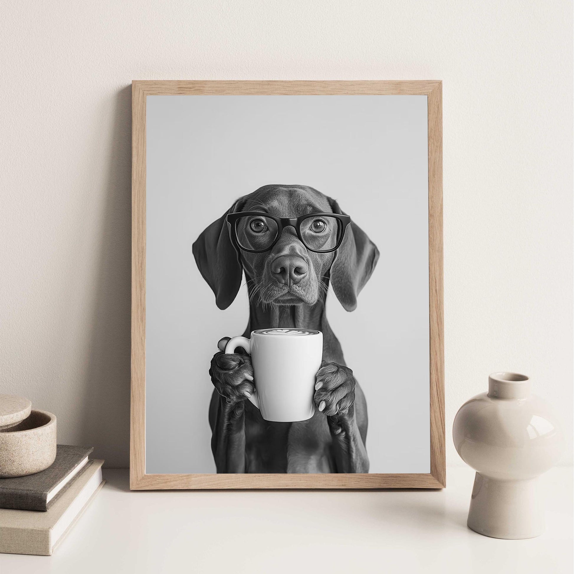 Vizsla Coffee Print Coffee Bar Decor, Funny Dog Poster, Kitchen Wall Art - Black and White Print