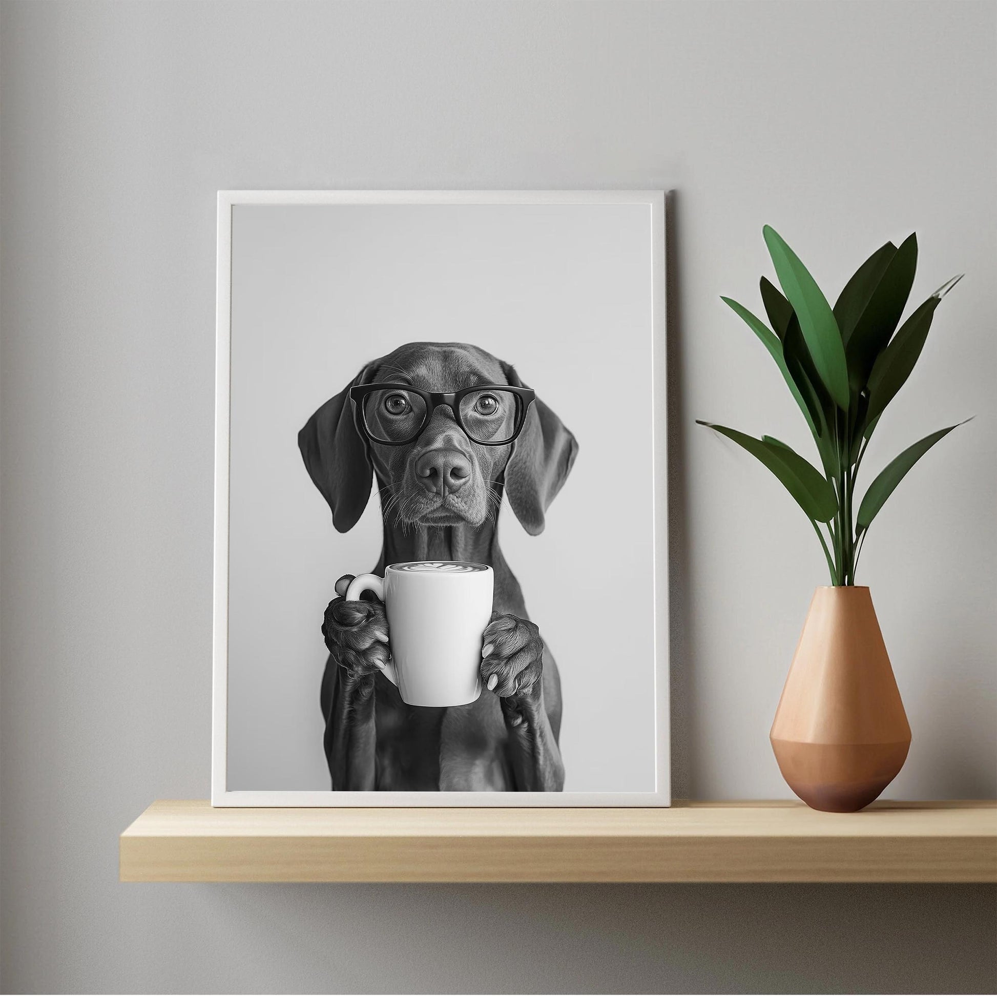 Vizsla Coffee Print Coffee Bar Decor, Funny Dog Poster, Kitchen Wall Art - Black and White Print
