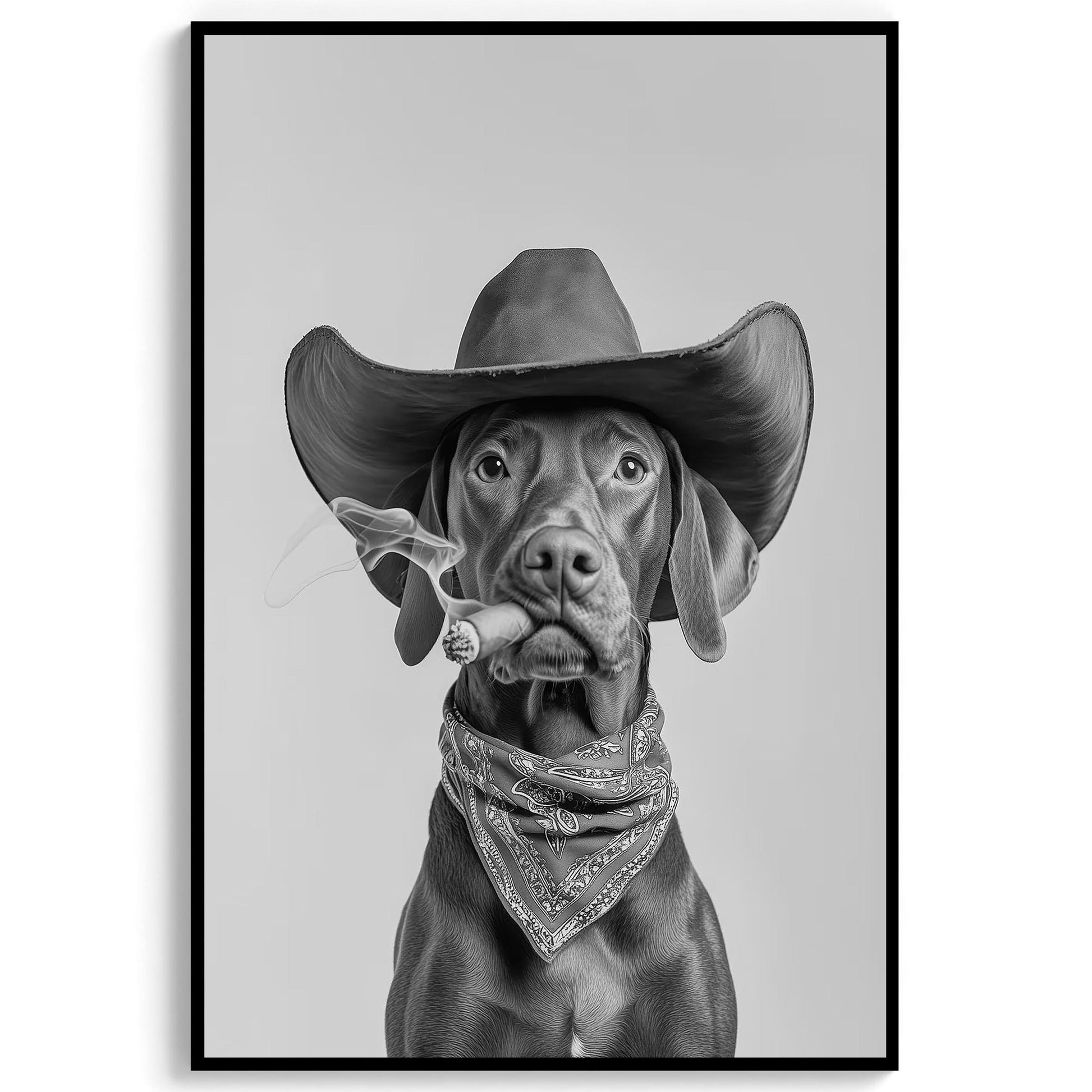 Vizsla Cowboy Wall Art Western Dog Print, Funny Dog Poster, Retro Farmhouse Dog Art - Black and White Wall Art