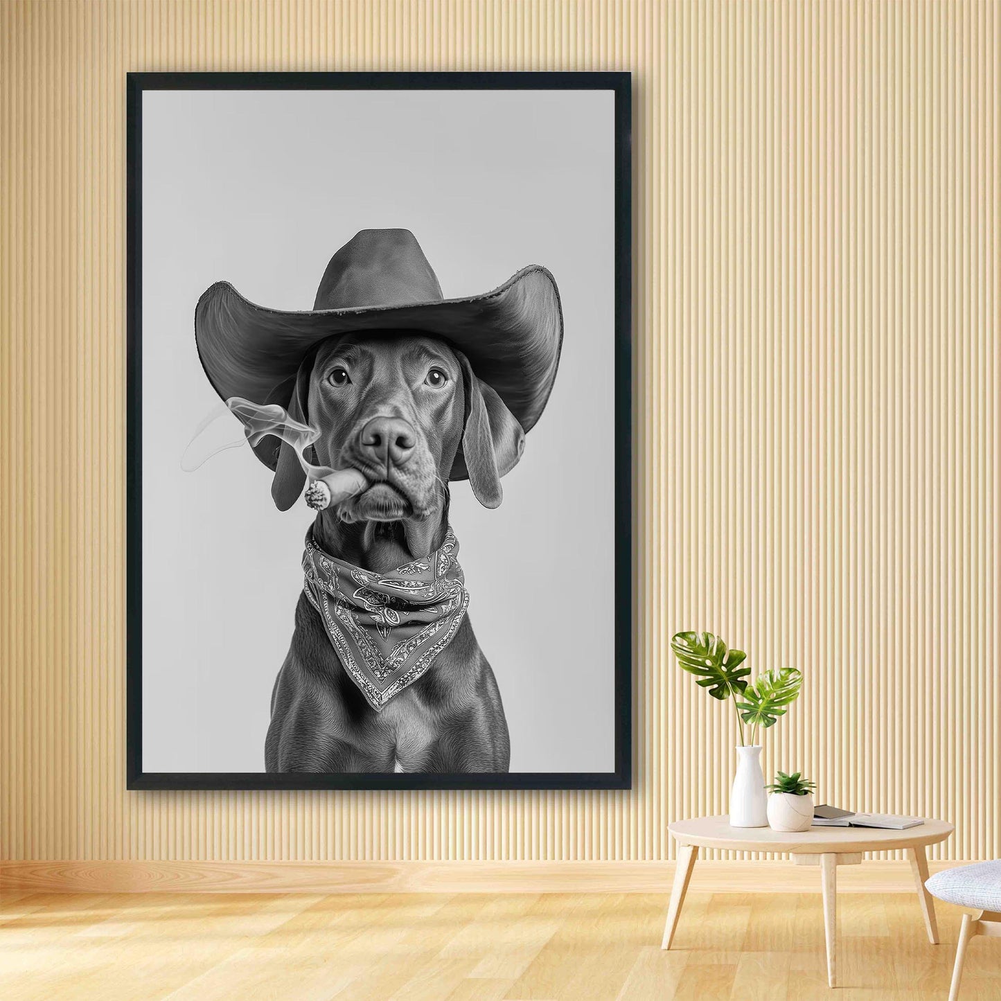 Vizsla Cowboy Wall Art Western Dog Print, Funny Dog Poster, Retro Farmhouse Dog Art - Black and White Wall Art