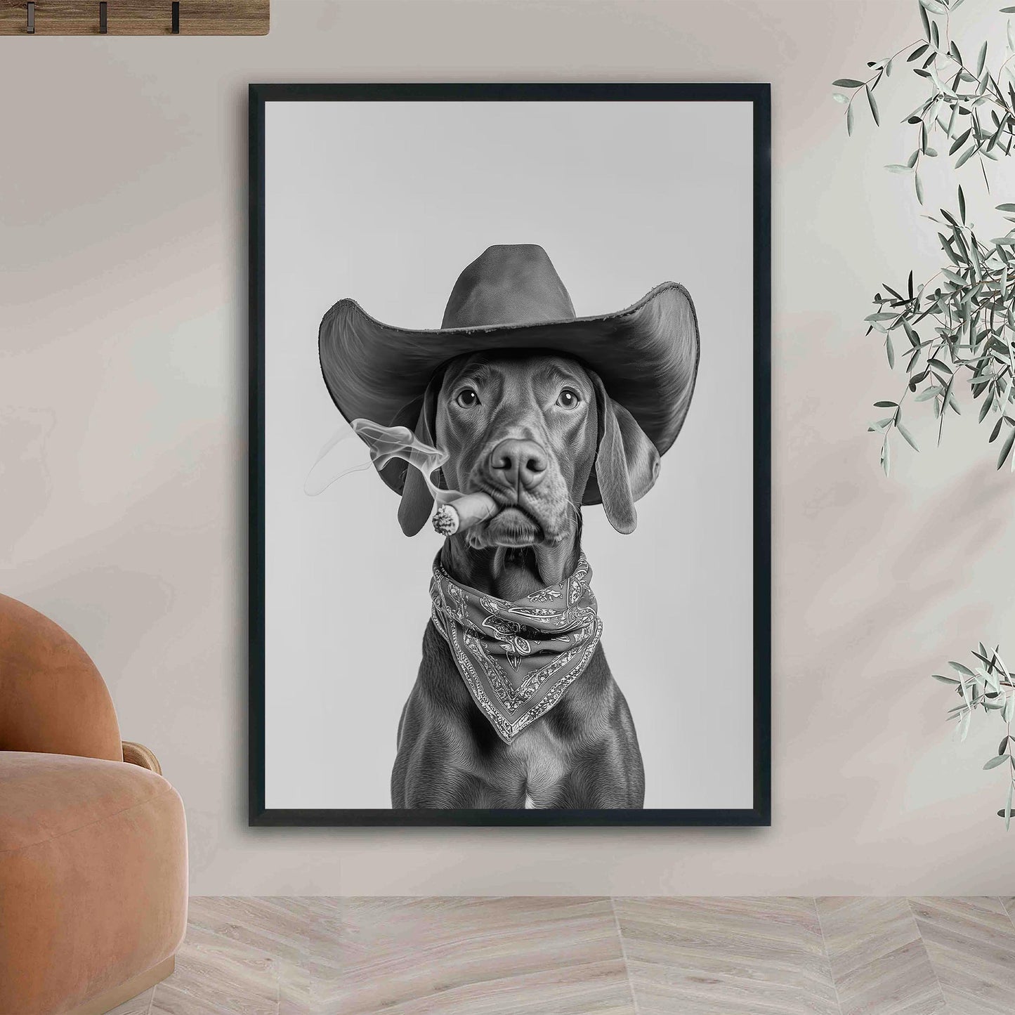 Vizsla Cowboy Wall Art Western Dog Print, Funny Dog Poster, Retro Farmhouse Dog Art - Black and White Wall Art