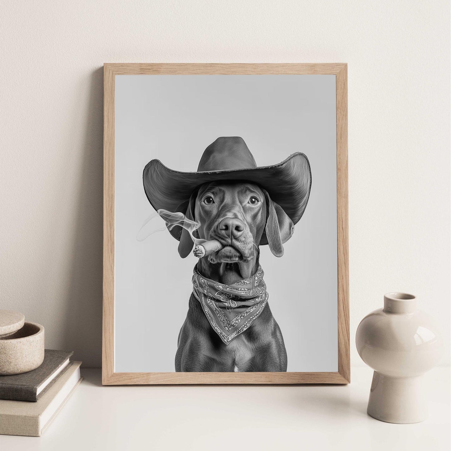 Vizsla Cowboy Wall Art Western Dog Print, Funny Dog Poster, Retro Farmhouse Dog Art - Black and White Wall Art