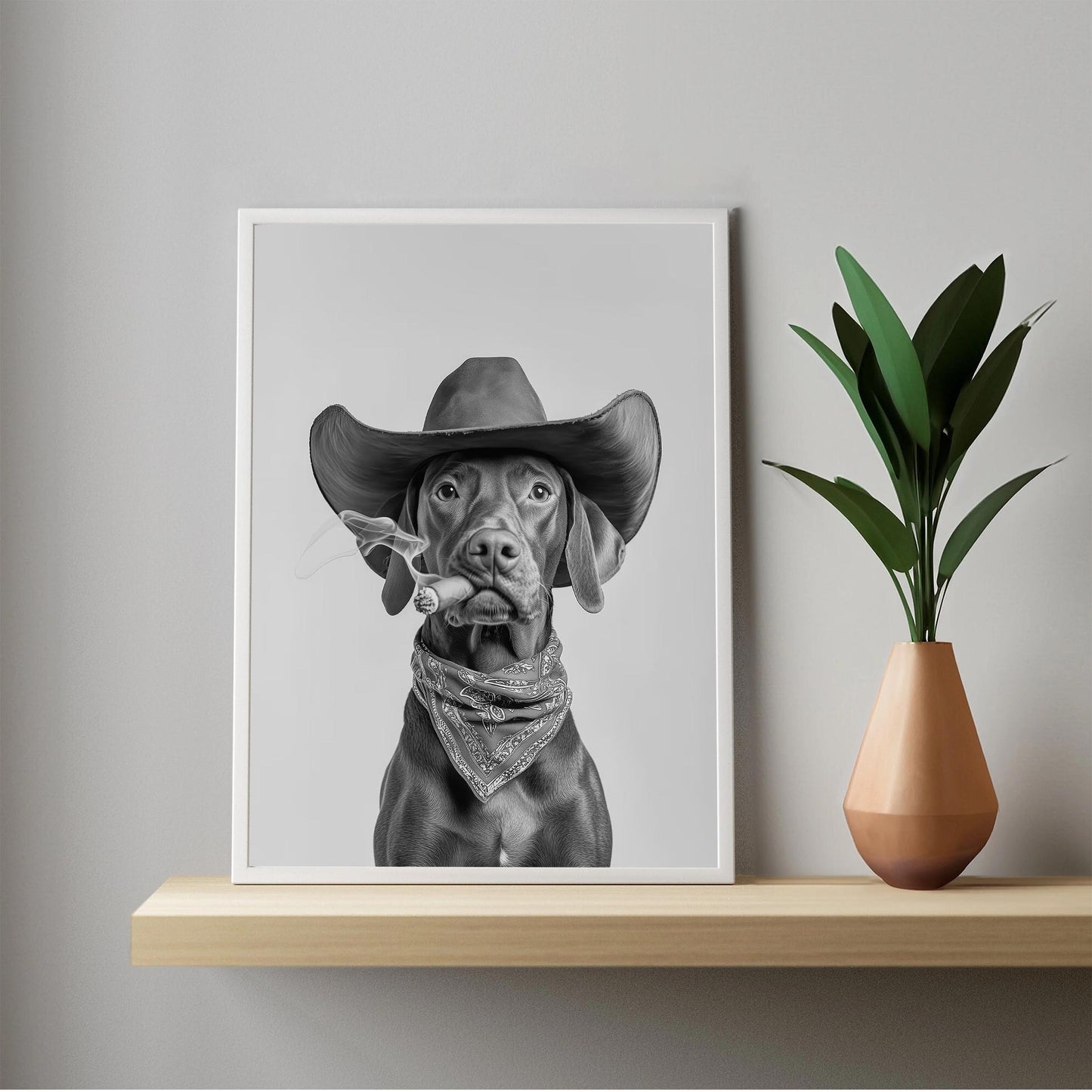 Vizsla Cowboy Wall Art Western Dog Print, Funny Dog Poster, Retro Farmhouse Dog Art - Black and White Wall Art