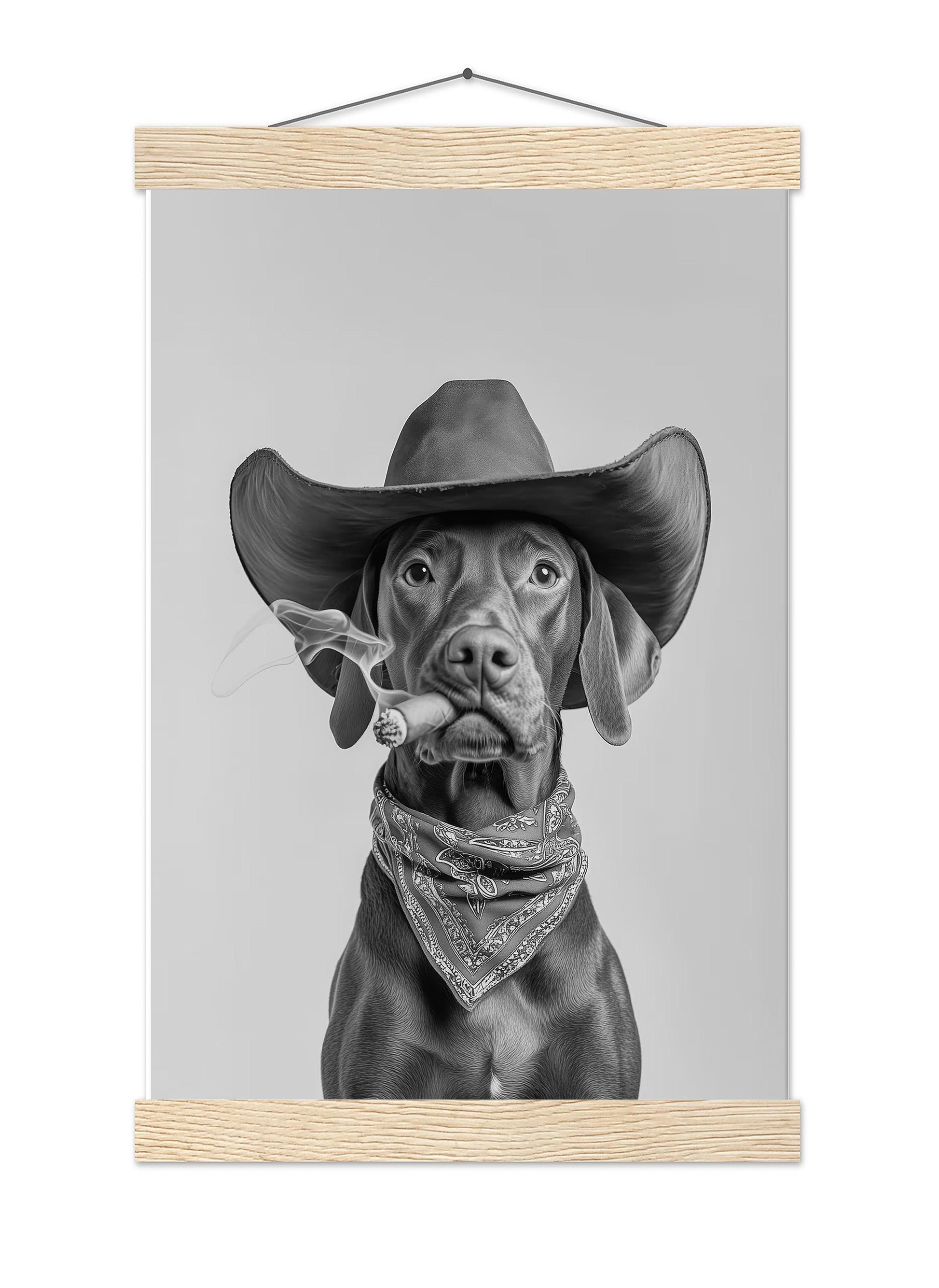 Vizsla Cowboy Wall Art Western Dog Print, Funny Dog Poster, Retro Farmhouse Dog Art - Black and White Wall Art