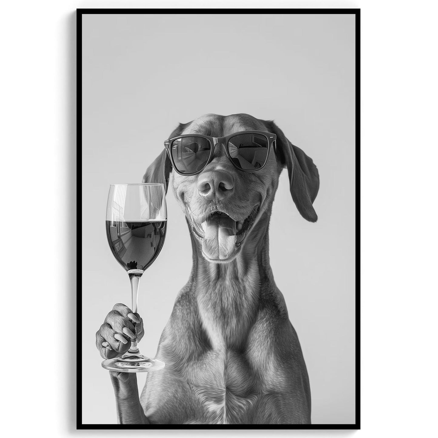 Vizsla Drinking Wine Print Bar Cart Print, Funny Dog Poster, Trendy Kitchen Decor - Black and White Wall Art