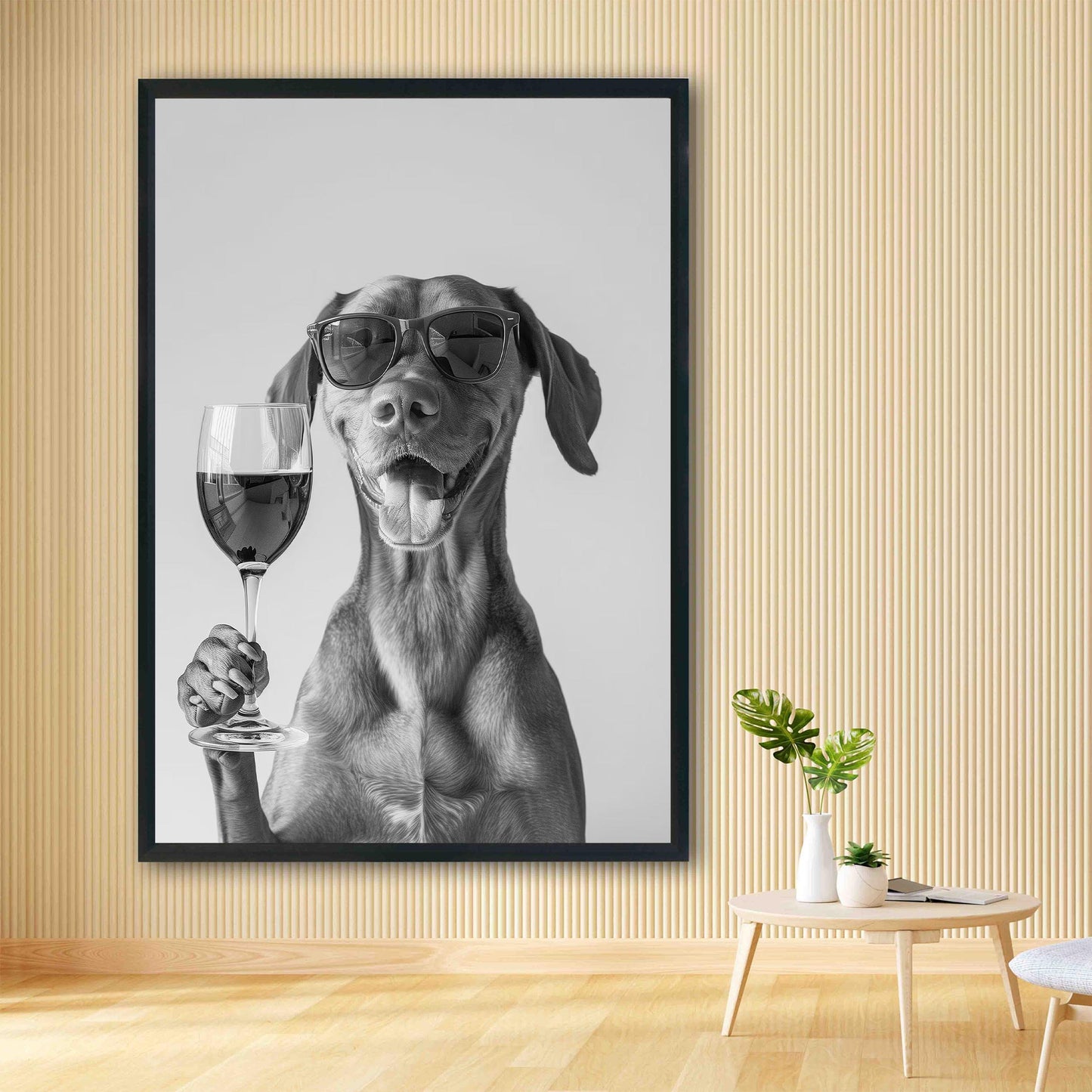 Vizsla Drinking Wine Print Bar Cart Print, Funny Dog Poster, Trendy Kitchen Decor - Black and White Wall Art
