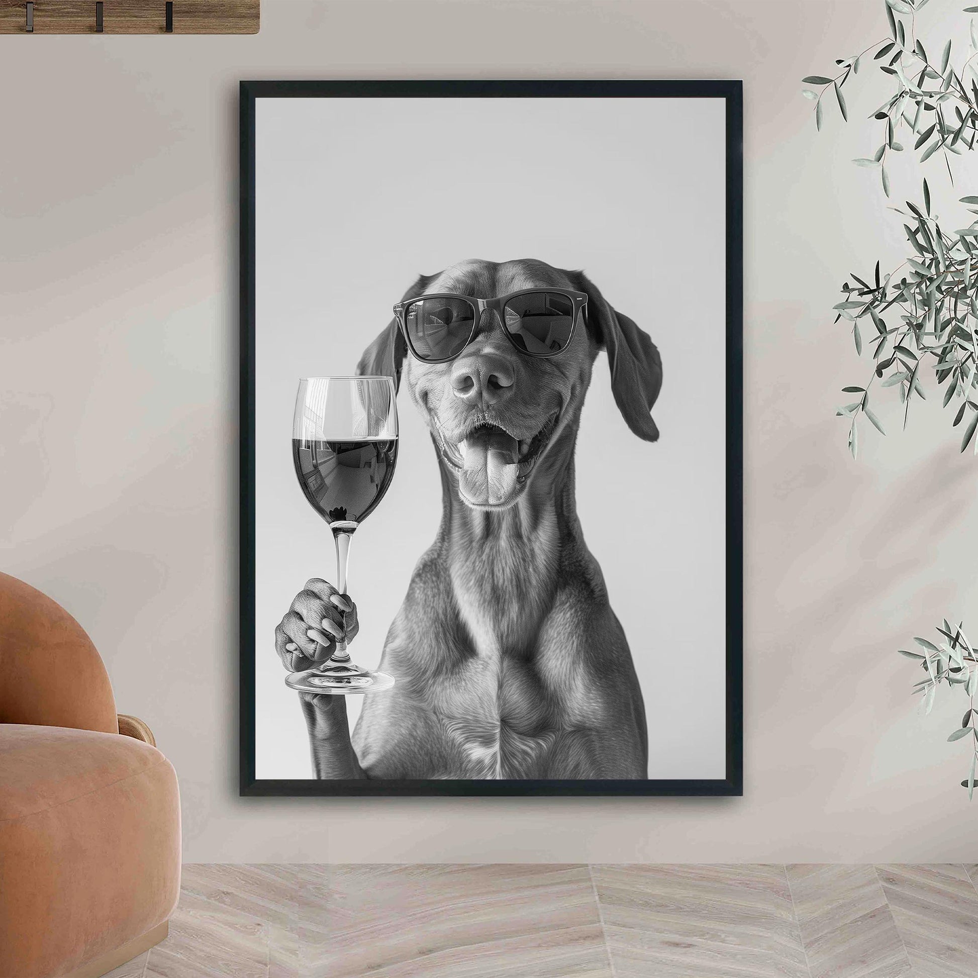 Vizsla Drinking Wine Print Bar Cart Print, Funny Dog Poster, Trendy Kitchen Decor - Black and White Wall Art