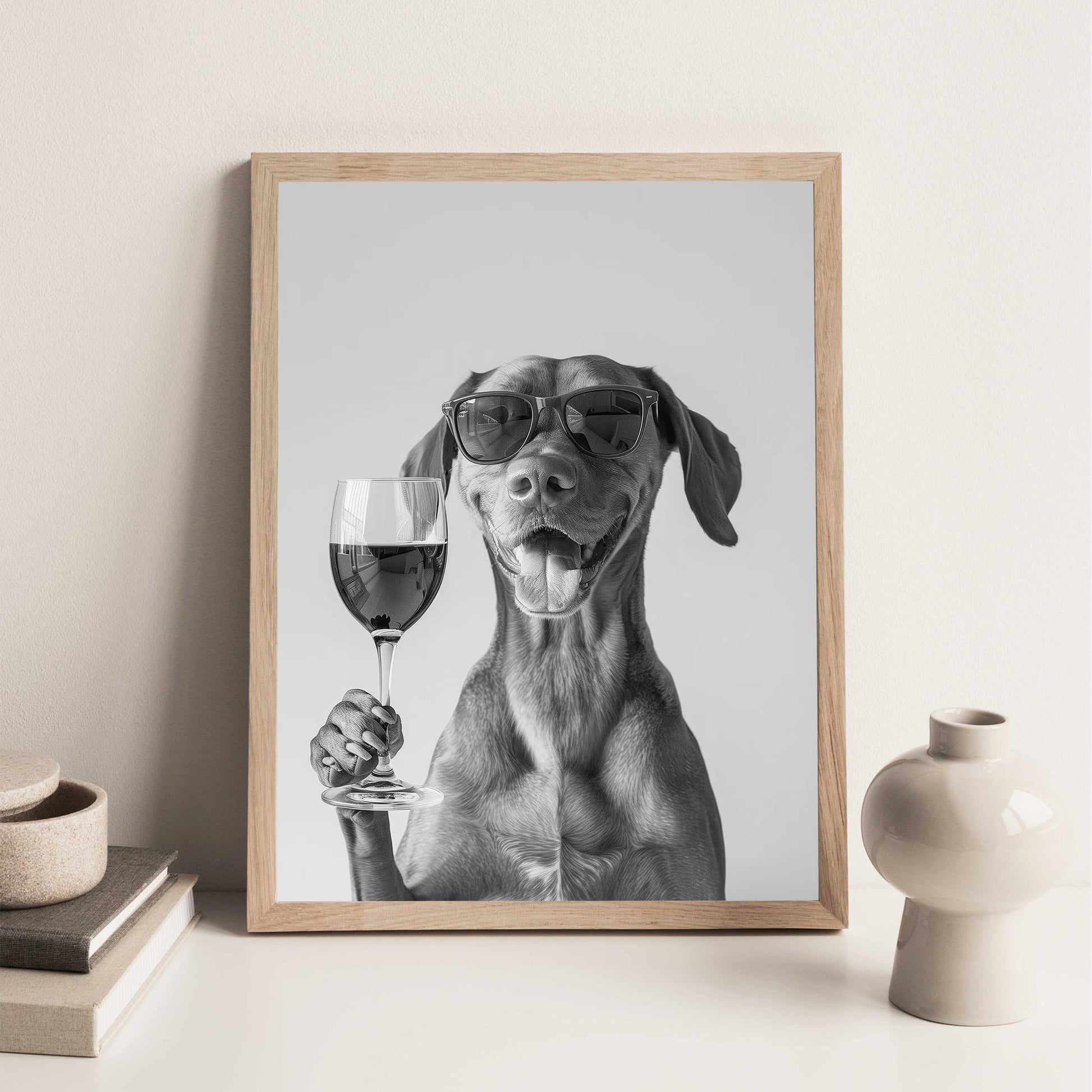 Vizsla Drinking Wine Print Bar Cart Print, Funny Dog Poster, Trendy Kitchen Decor - Black and White Wall Art