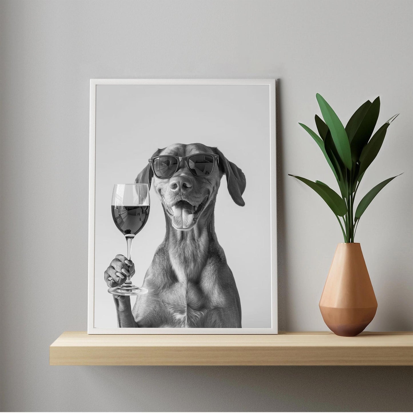 Vizsla Drinking Wine Print Bar Cart Print, Funny Dog Poster, Trendy Kitchen Decor - Black and White Wall Art