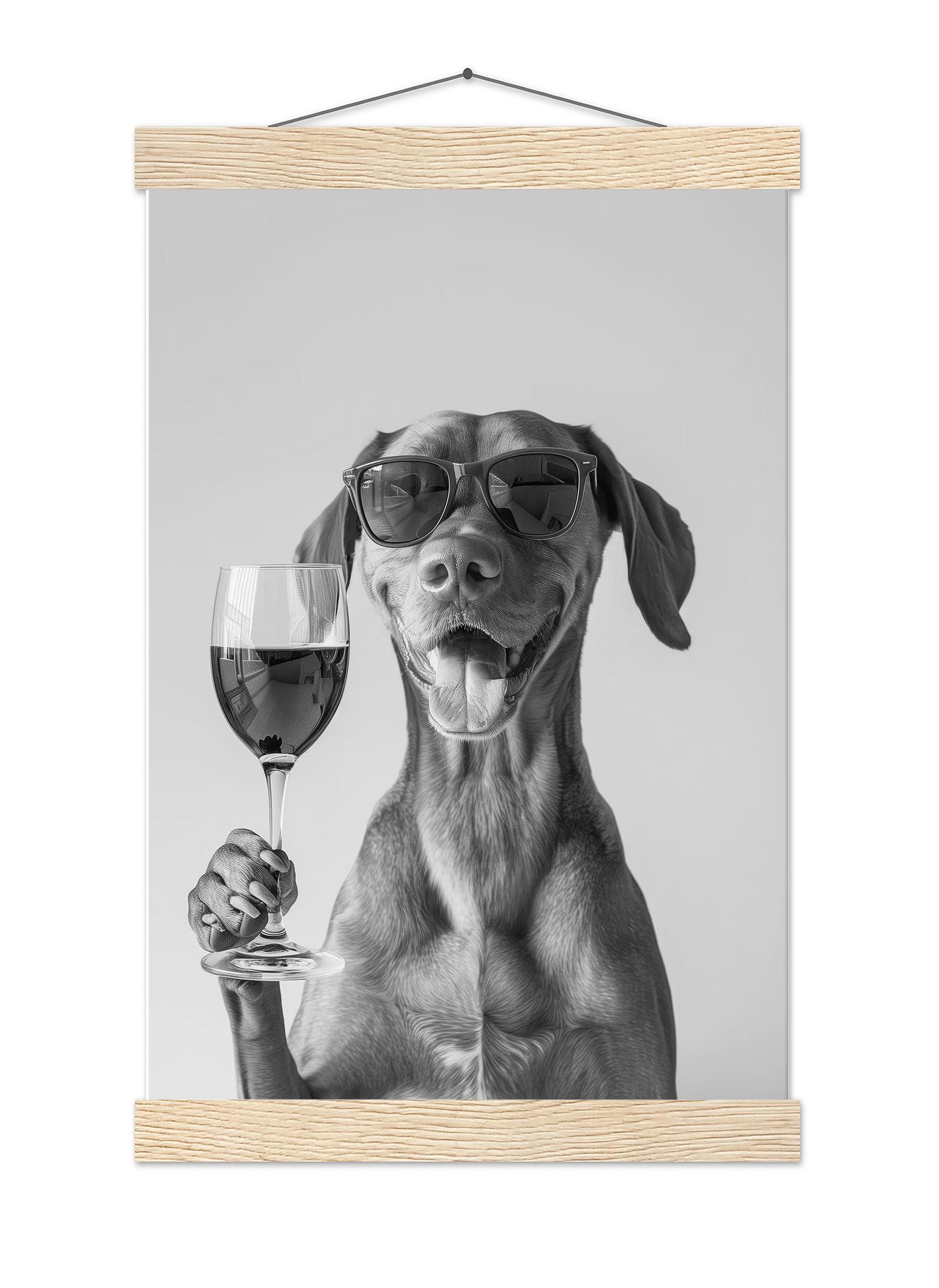 Vizsla Drinking Wine Print Bar Cart Print, Funny Dog Poster, Trendy Kitchen Decor - Black and White Wall Art