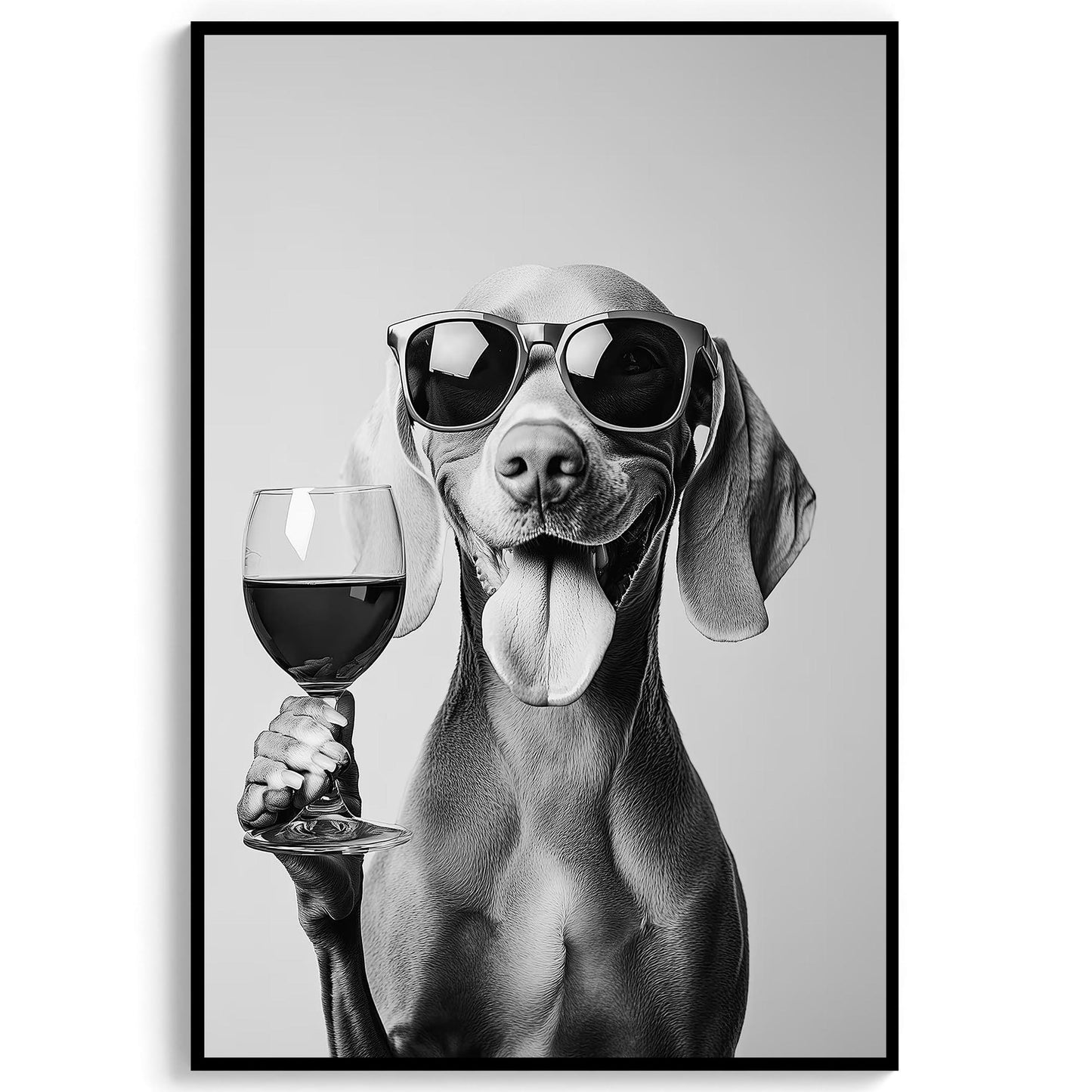 Weimaraner Drinking Wine Print Bar Cart Print, Funny Dog Poster, Trendy Kitchen Decor - Black and White Wall Art