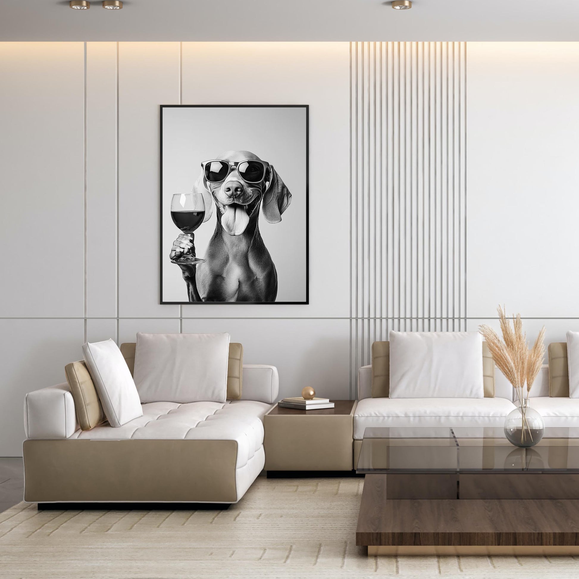Weimaraner Drinking Wine Print Bar Cart Print, Funny Dog Poster, Trendy Kitchen Decor - Black and White Wall Art