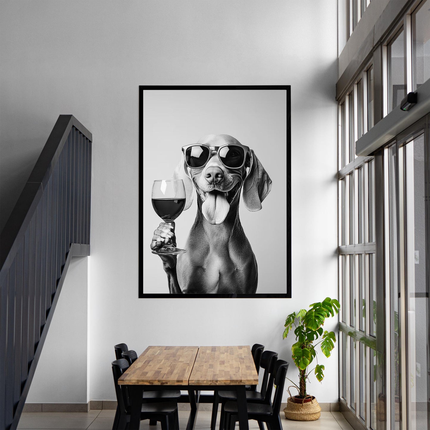 Weimaraner Drinking Wine Print Bar Cart Print, Funny Dog Poster, Trendy Kitchen Decor - Black and White Wall Art