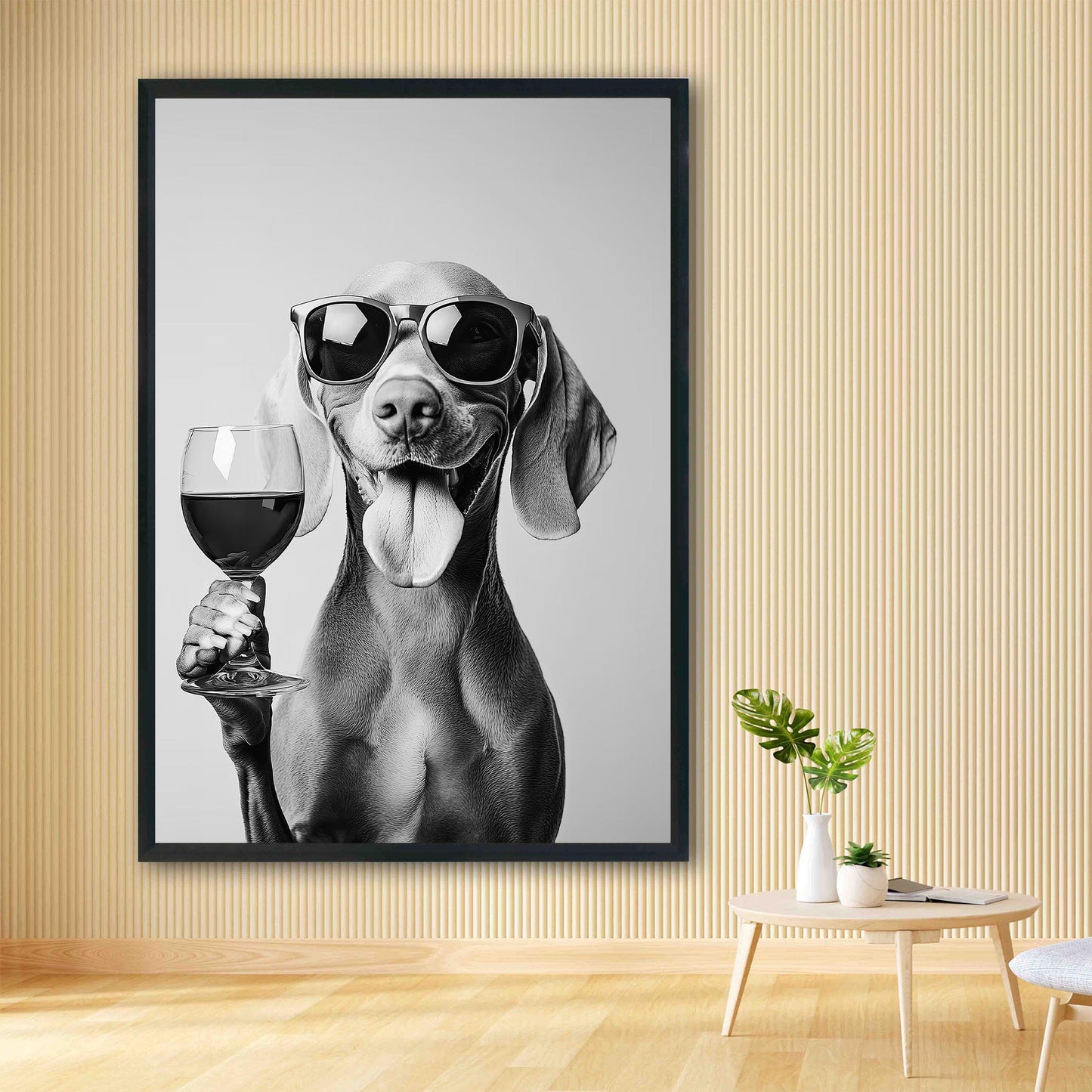 Weimaraner Drinking Wine Print Bar Cart Print, Funny Dog Poster, Trendy Kitchen Decor - Black and White Wall Art