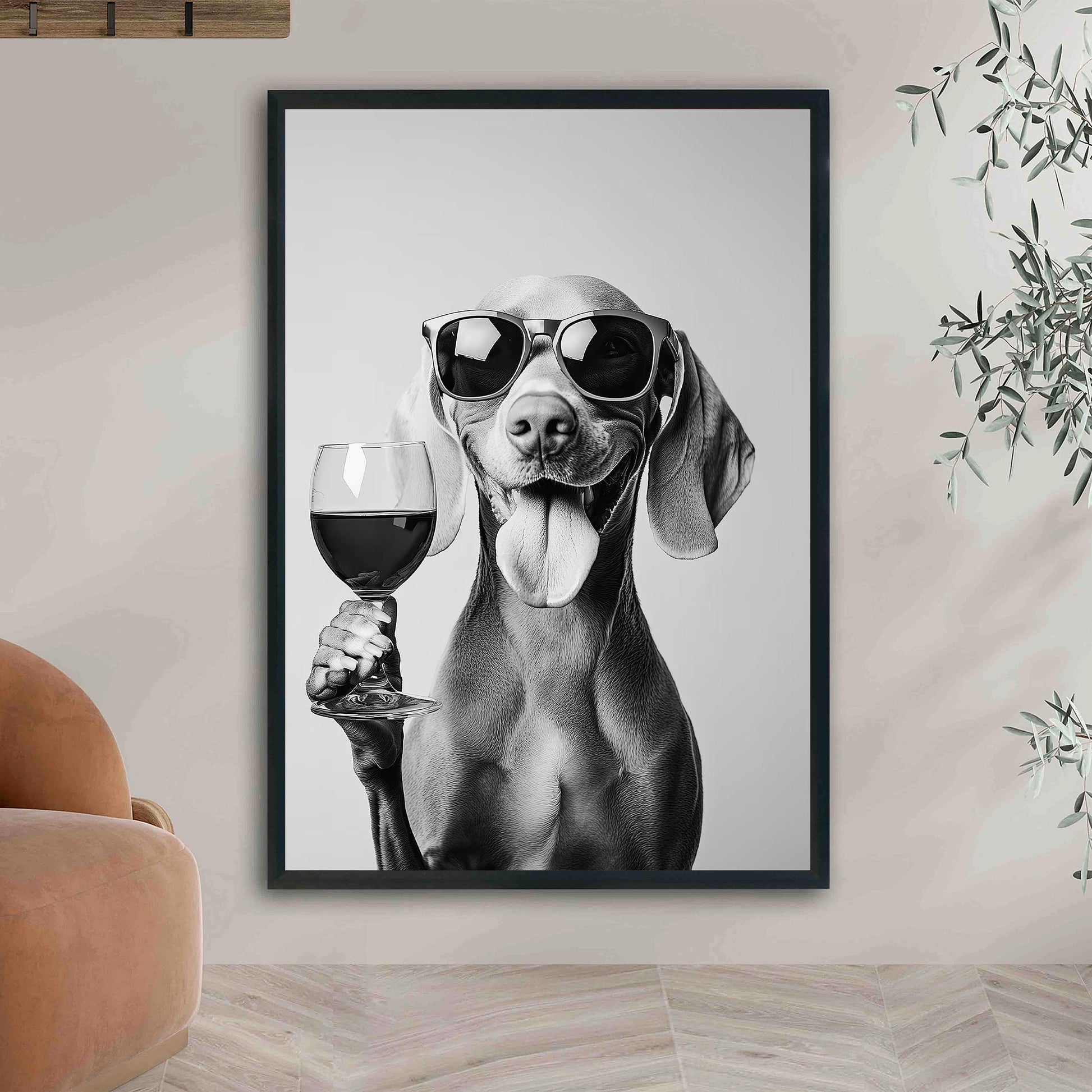 Weimaraner Drinking Wine Print Bar Cart Print, Funny Dog Poster, Trendy Kitchen Decor - Black and White Wall Art