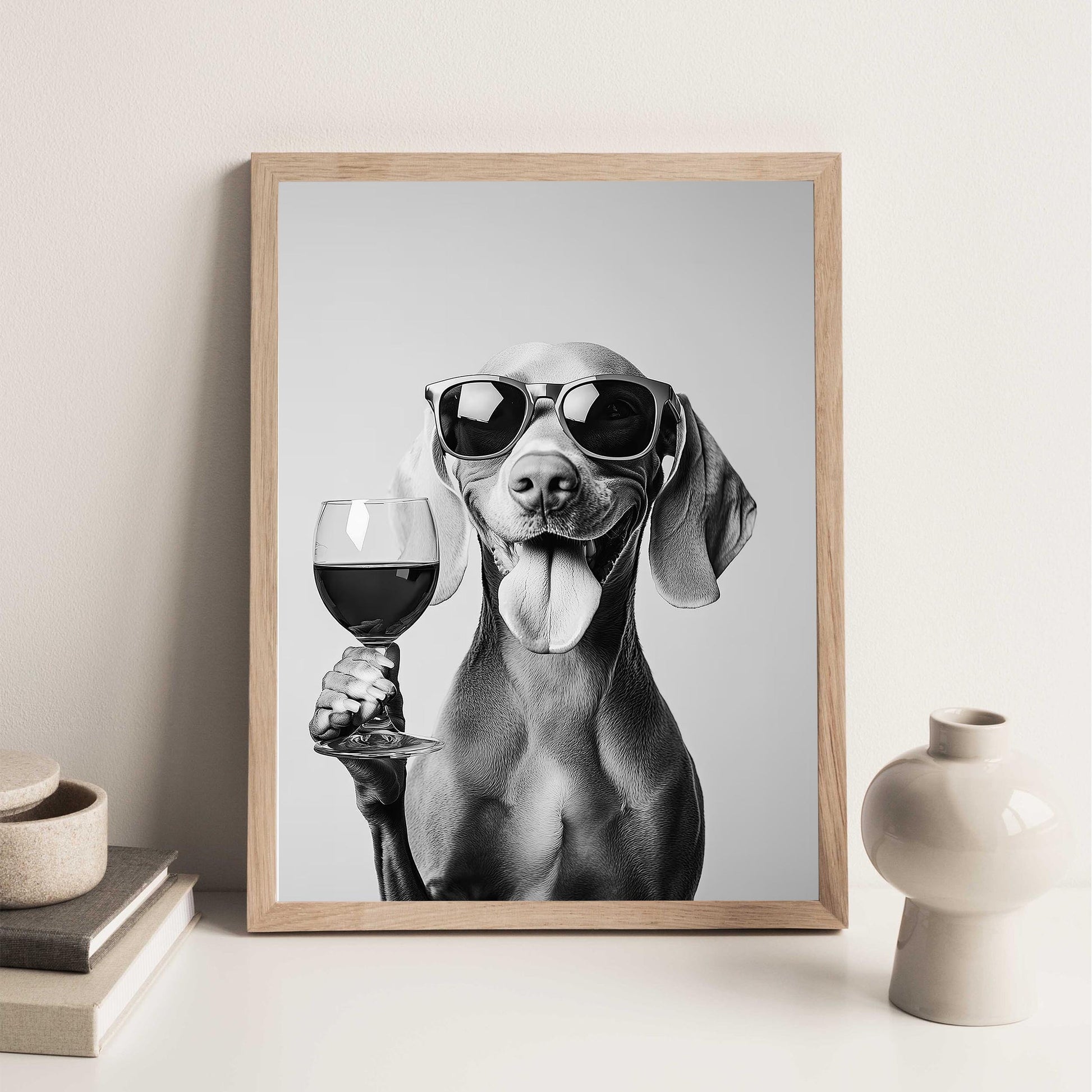 Weimaraner Drinking Wine Print Bar Cart Print, Funny Dog Poster, Trendy Kitchen Decor - Black and White Wall Art