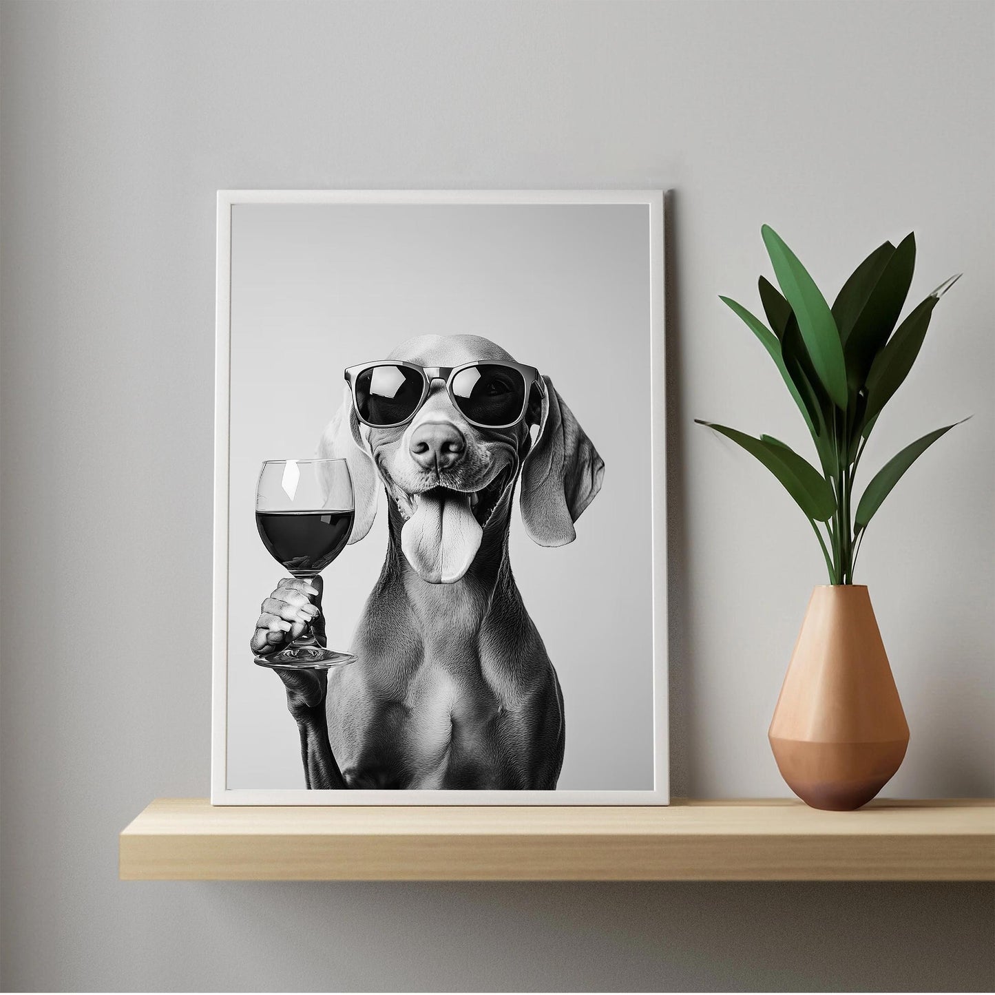 Weimaraner Drinking Wine Print Bar Cart Print, Funny Dog Poster, Trendy Kitchen Decor - Black and White Wall Art