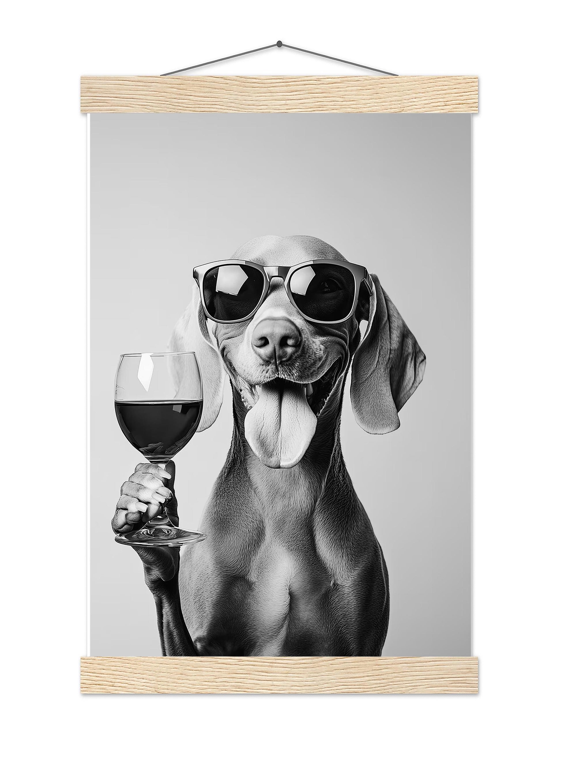 Weimaraner Drinking Wine Print Bar Cart Print, Funny Dog Poster, Trendy Kitchen Decor - Black and White Wall Art