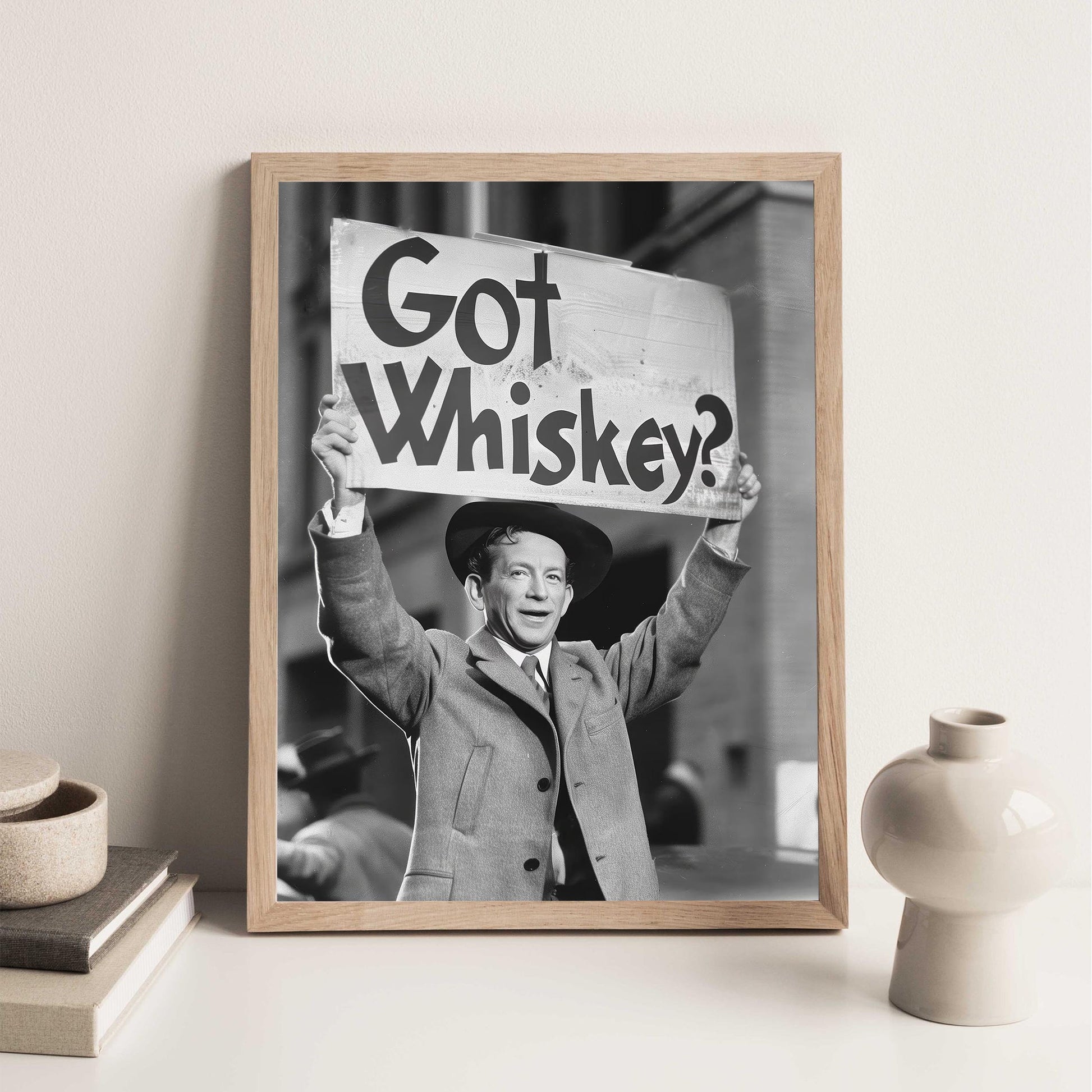 Whiskey Protest Print Retro Speakeasy Bar Cart Poster, Man Cave Decor - Black and White Wall Art