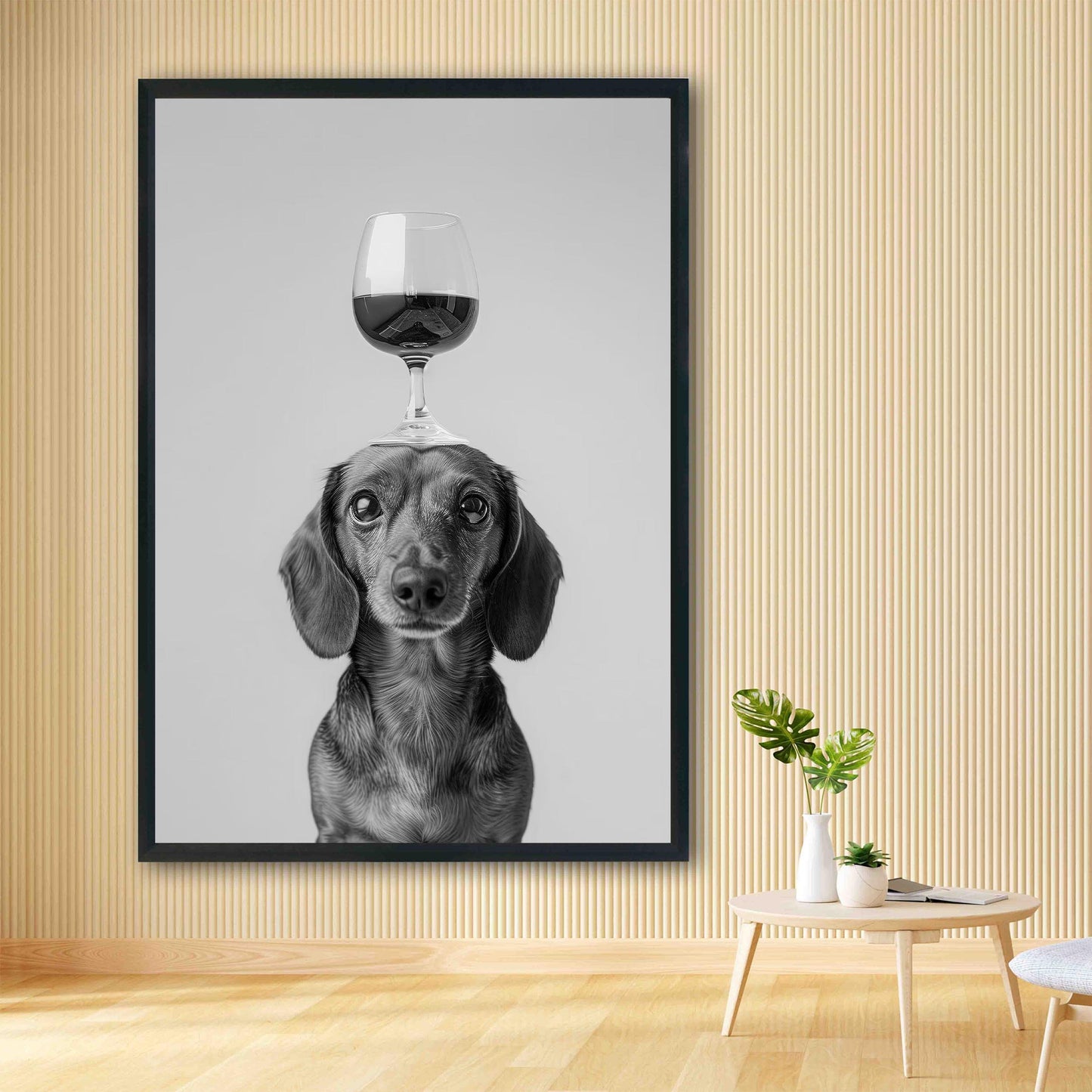 Wiener Balancing Wine Glass Print, Funny Bar Cart Dog Poster, Tan Dachshund Alcohol Kitchen Decor