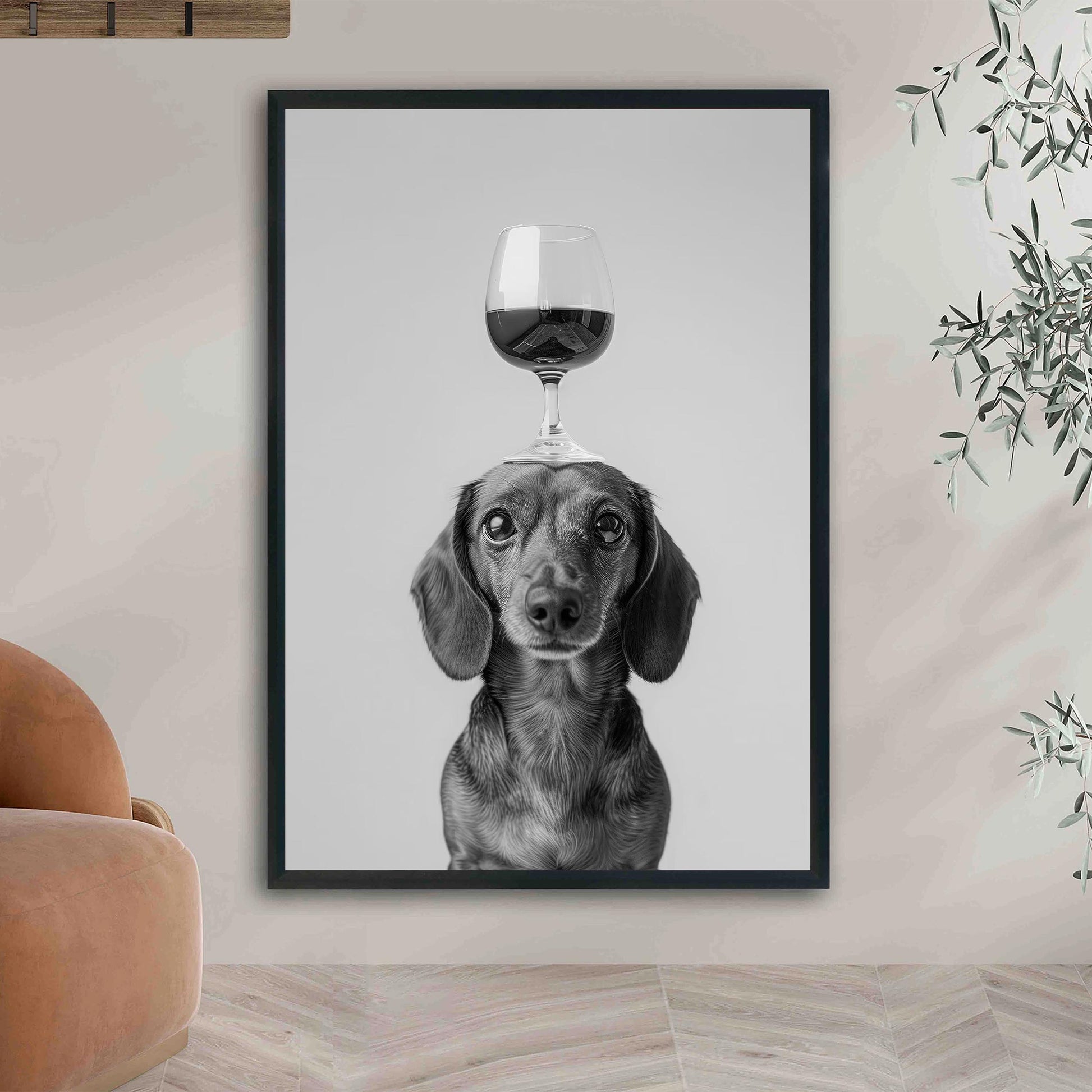 Wiener Balancing Wine Glass Print, Funny Bar Cart Dog Poster, Tan Dachshund Alcohol Kitchen Decor