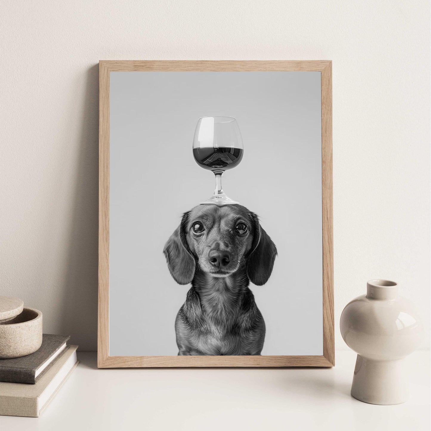 Wiener Balancing Wine Glass Print, Funny Bar Cart Dog Poster, Tan Dachshund Alcohol Kitchen Decor