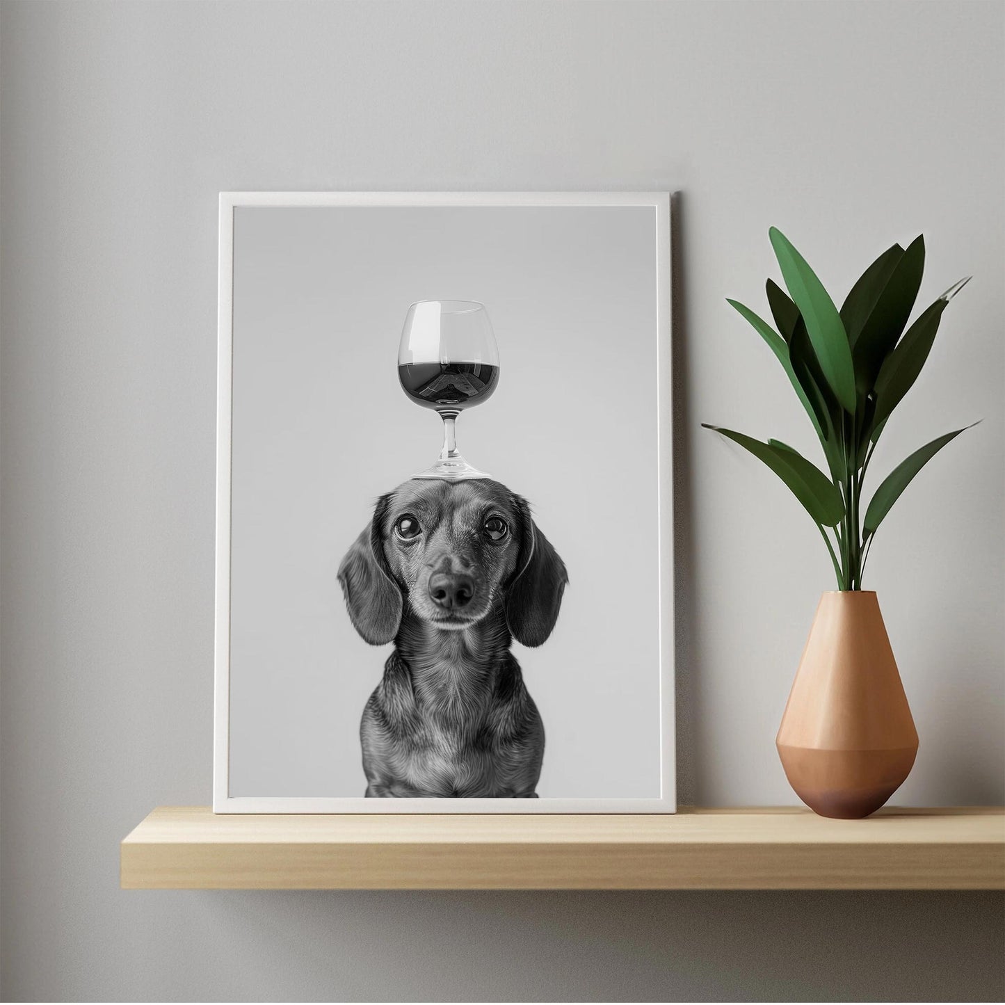 Wiener Balancing Wine Glass Print, Funny Bar Cart Dog Poster, Tan Dachshund Alcohol Kitchen Decor