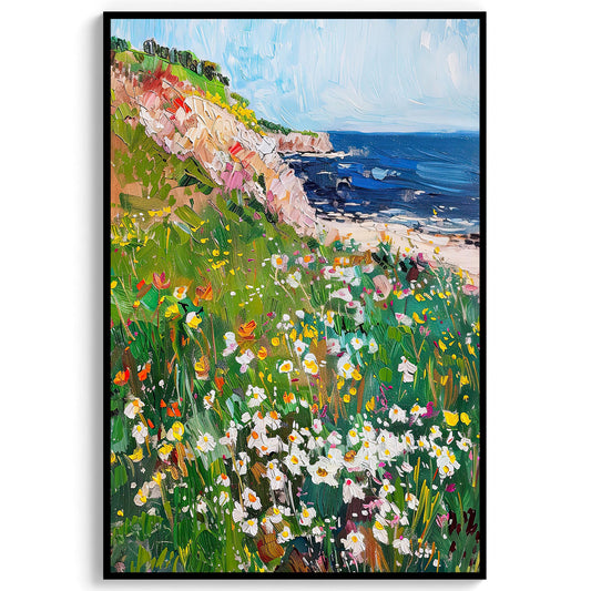 Wildflowers Coastal Art Print, Vintage Beach Oil Painting